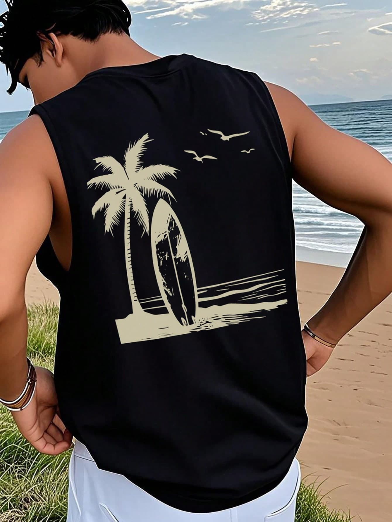 1pc Men's Summer Printed Round Neck Casual Tank Top