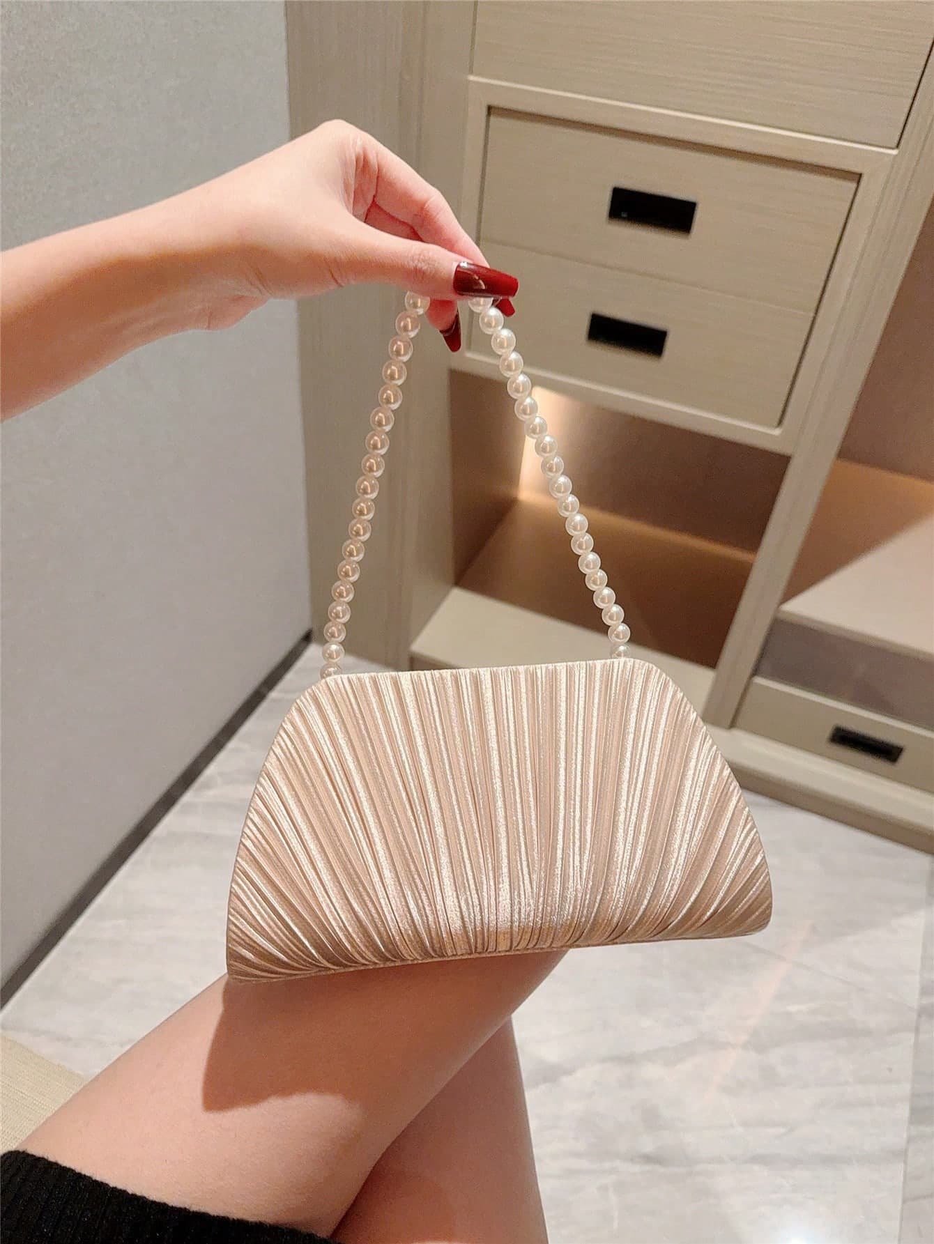 Moonlit Eve Bag, 1 Piece Minimalist Pleated Satin Clutch, Romantic Pearl Handbag, Suitable For Parties, Weddings, Graduation Galas, Can Be Paired With Holiday Outfits, Evening Gowns And Sequin Dresses