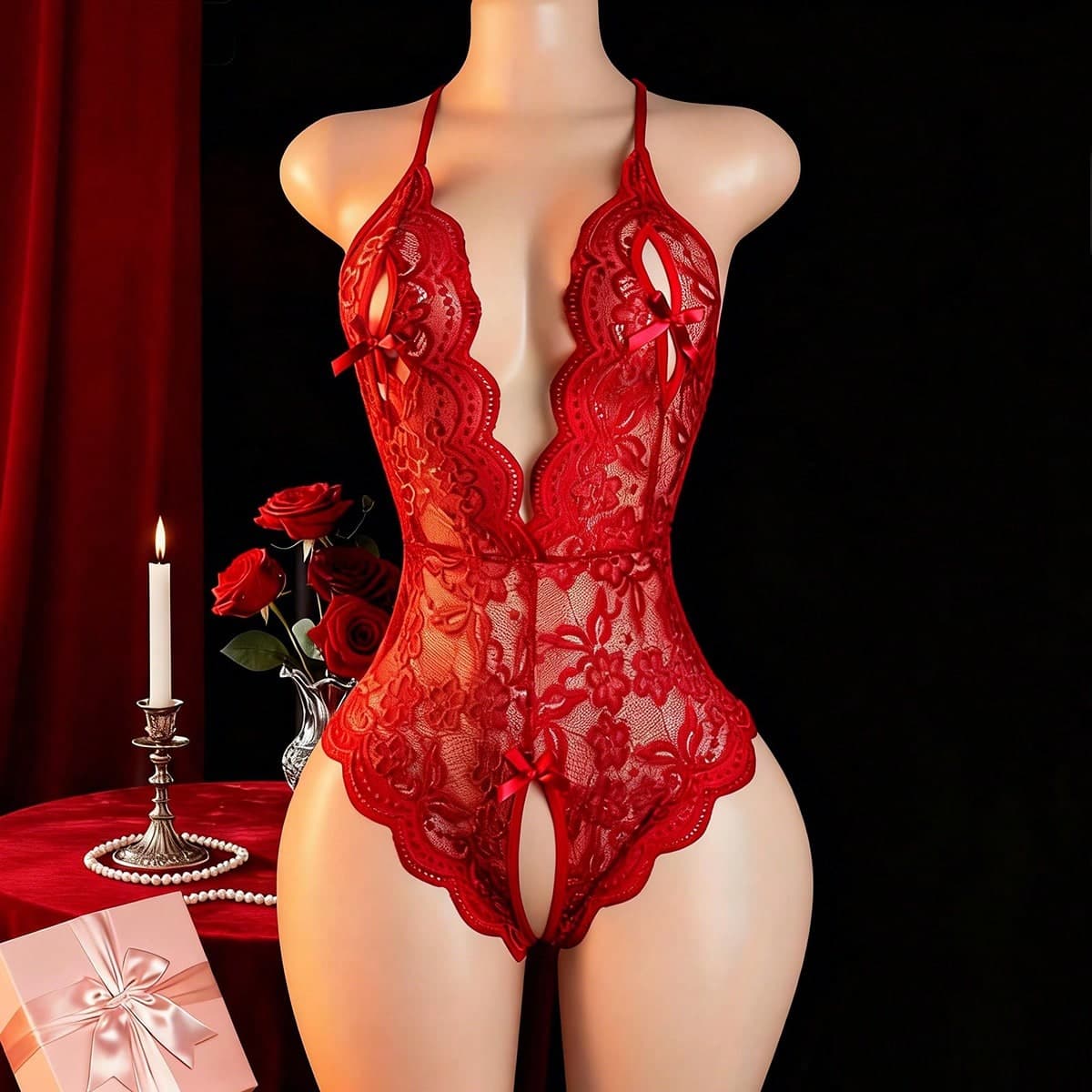 Sexy Lingerie Accessory, Floral Lace Fan-Shaped Teddy Bear, Deep V Halter Neck Design, Backless, Open Crotch Jumpsuit, Sexy Women's Clothing, Elastic Sexy
