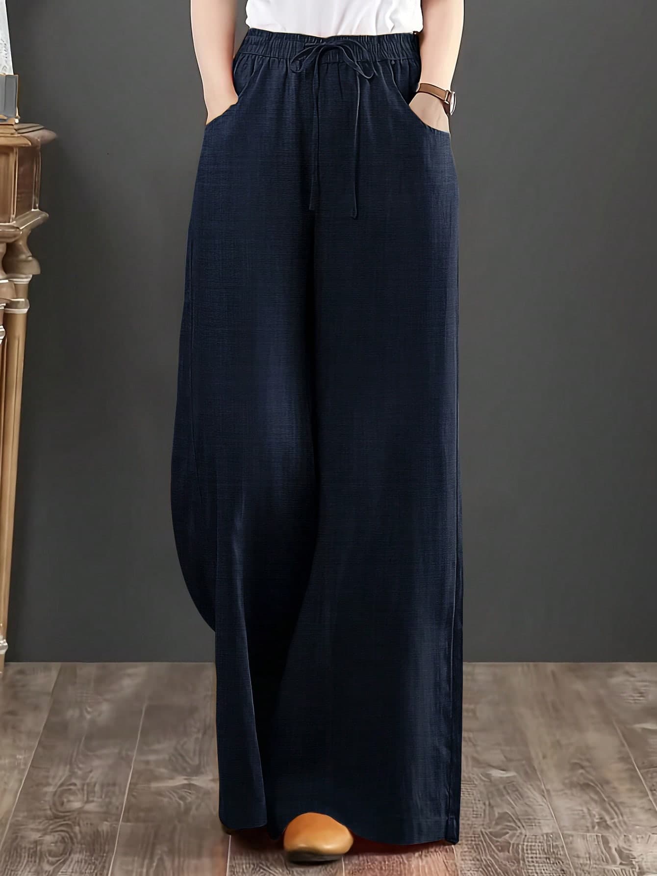 Women's Loose Fit Denim Effect Wide Leg Pants, Casual Long Trousers With Drawstring Pockets, Creating Comfortable Everyday Look