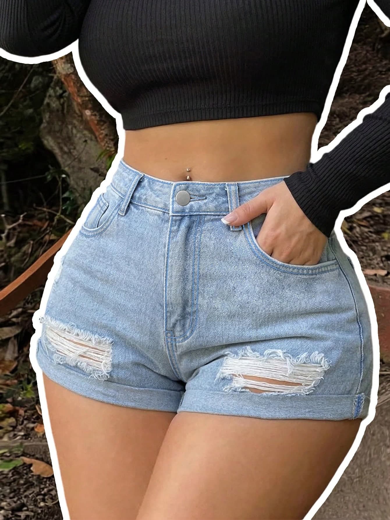 Women's Casual Distressed Straight Leg Denim Shorts, Medium Stretch Fabric, Summer