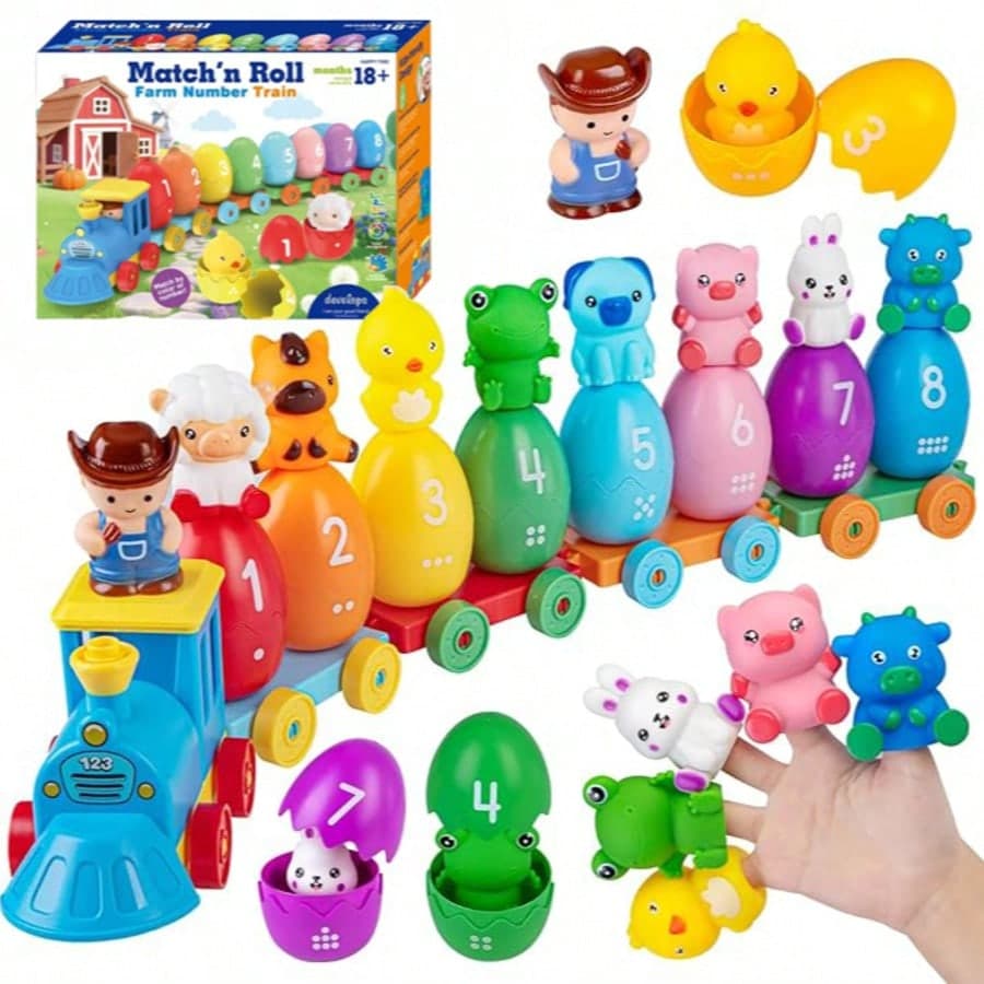 Toddler Montessori Farm Train, Count & Sort, 8 Farm Animals + Farmer Finger Puppet, Gift For Easter/Christmas/Birthday/Halloween/New Year/Festival
