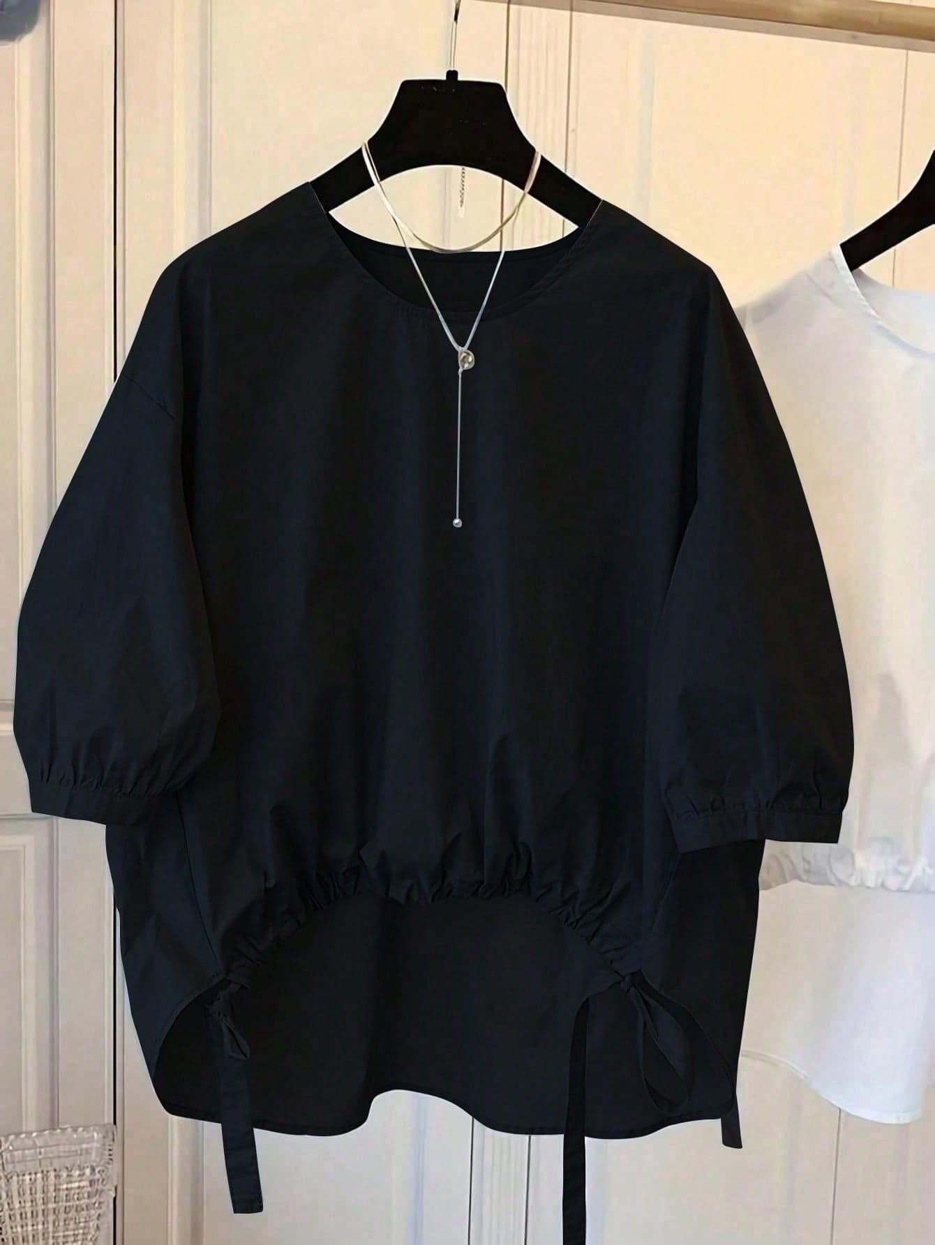 Plus Size Bohemian Style Solid Color Blouse, Regular Length, Asymmetric Hem, 3/4 Puff Sleeves, Comfortable Woven Shirt Spring Black