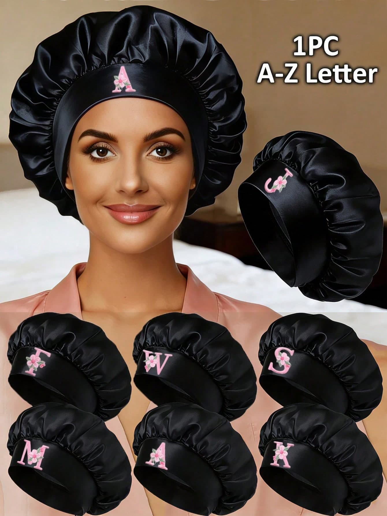 1pc Personalized Sleep Cap With 26 Letter Print, Wide Satin Elastic Hat Suitable For Curly And Straight Hair,Summer,Beach,Holiday,Travel