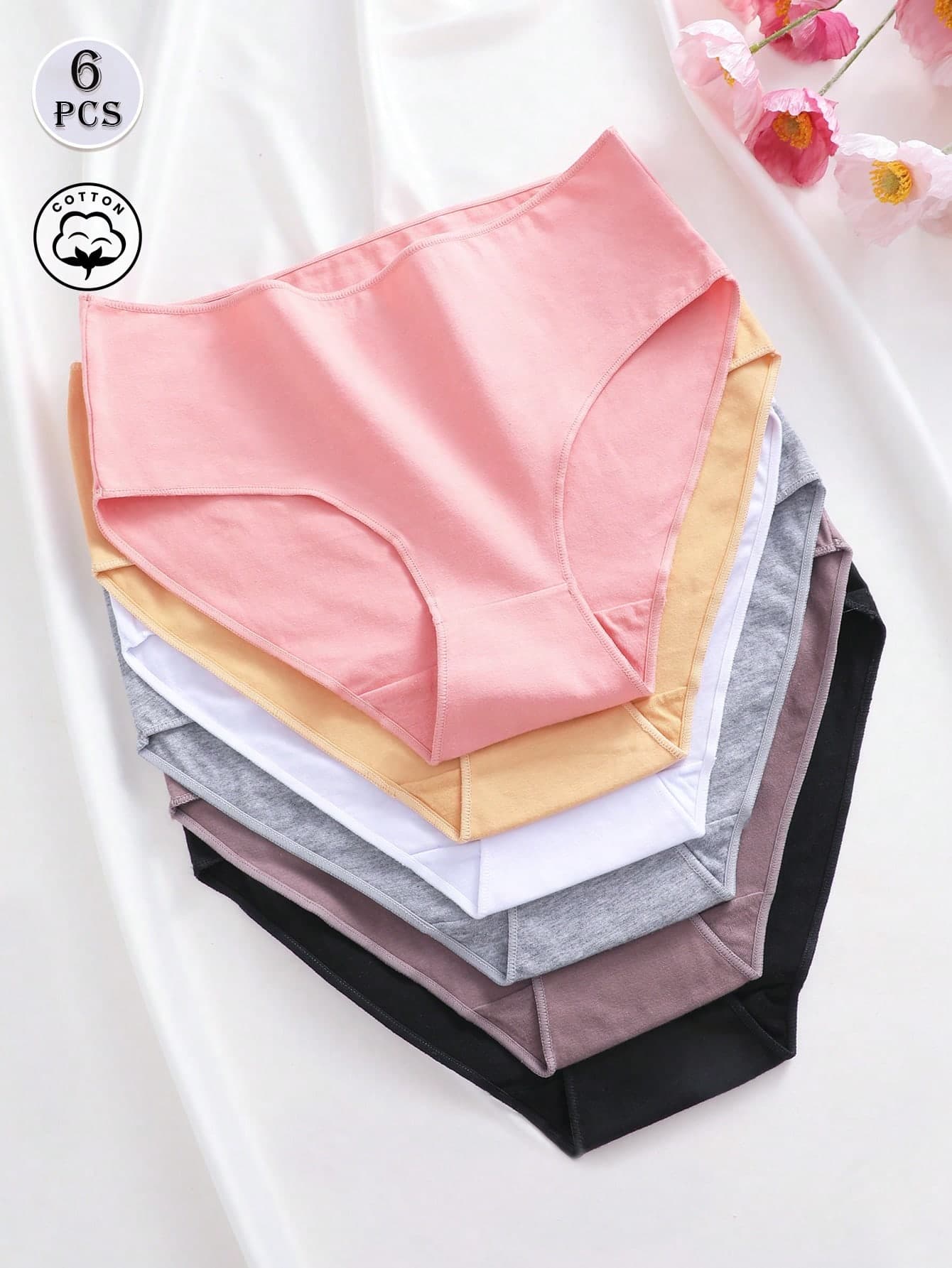 6pcs Solid Color Cotton Basic Comfortable Breathable High Waist Women's Triangle Panties