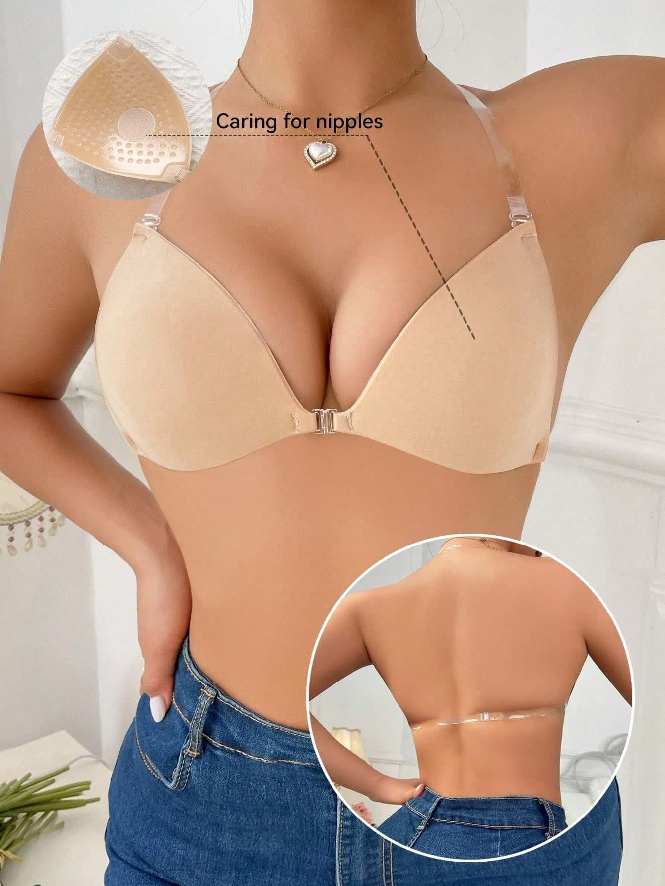 1pc Peach Silicone Adhesive Bra, Clear Detachable Straps, Triangle Cups, Backless Seamless Nude Front Clasp Bra For Wedding Party Daily Wear