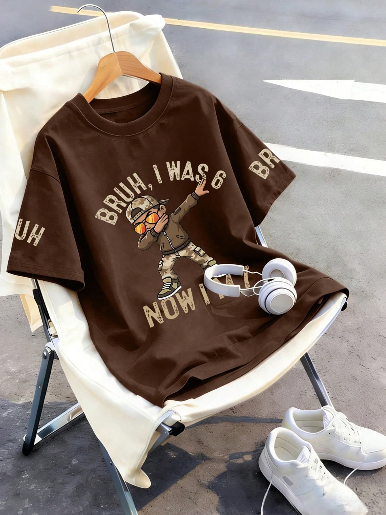 Boys "BRUH" Letter & Boy Graphic Print Round Neck Short Sleeve T-Shirt, American Retro Style, New Summer Tee For Teenage Boys
