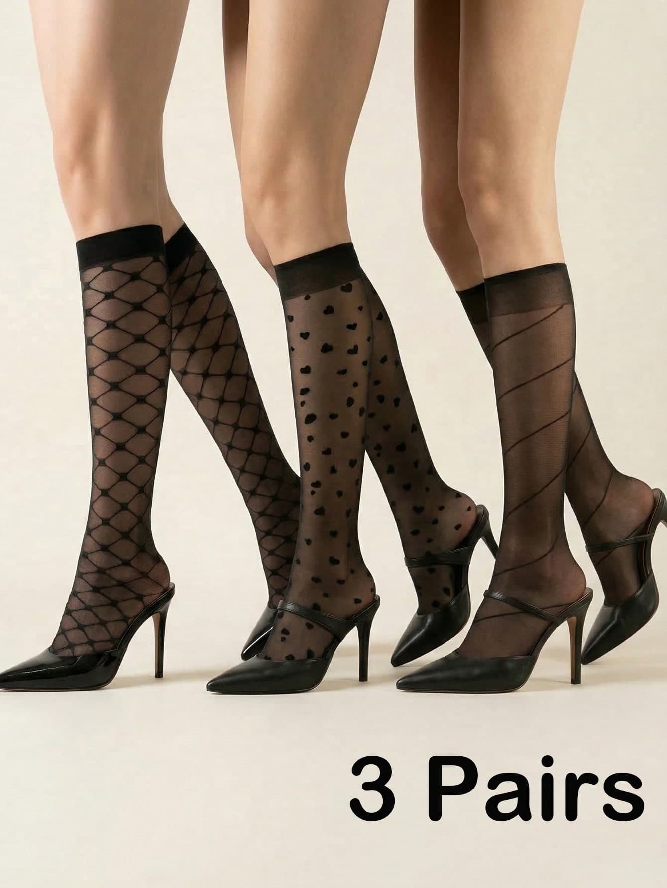 3 Pairs Women's Black Elegant Heart Dot, Leopard Print, Diamond Stripe, Sheer Mesh Mid-Calf Socks, Suitable For School, Daily Wear, Cocktail Party, Office, Club, Festivals, Dates And More Occasions