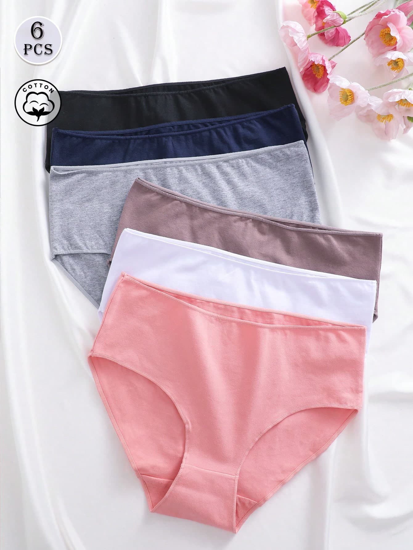 6pcs Solid Color Cotton Basic Comfortable Breathable High Waist Women's Triangle Panties