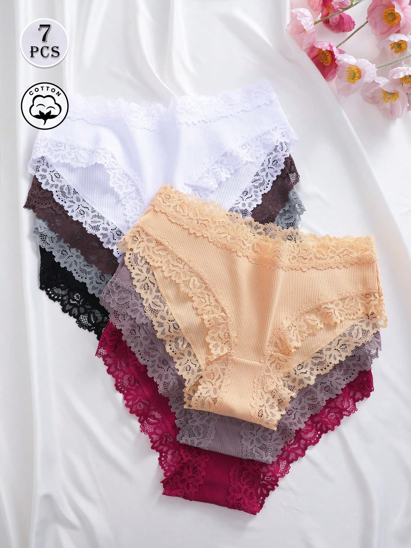 7pcs Solid Color Cotton Lace Patchwork Ribbed Sexy Romantic Comfortable Low Waist Women's Triangle Panties