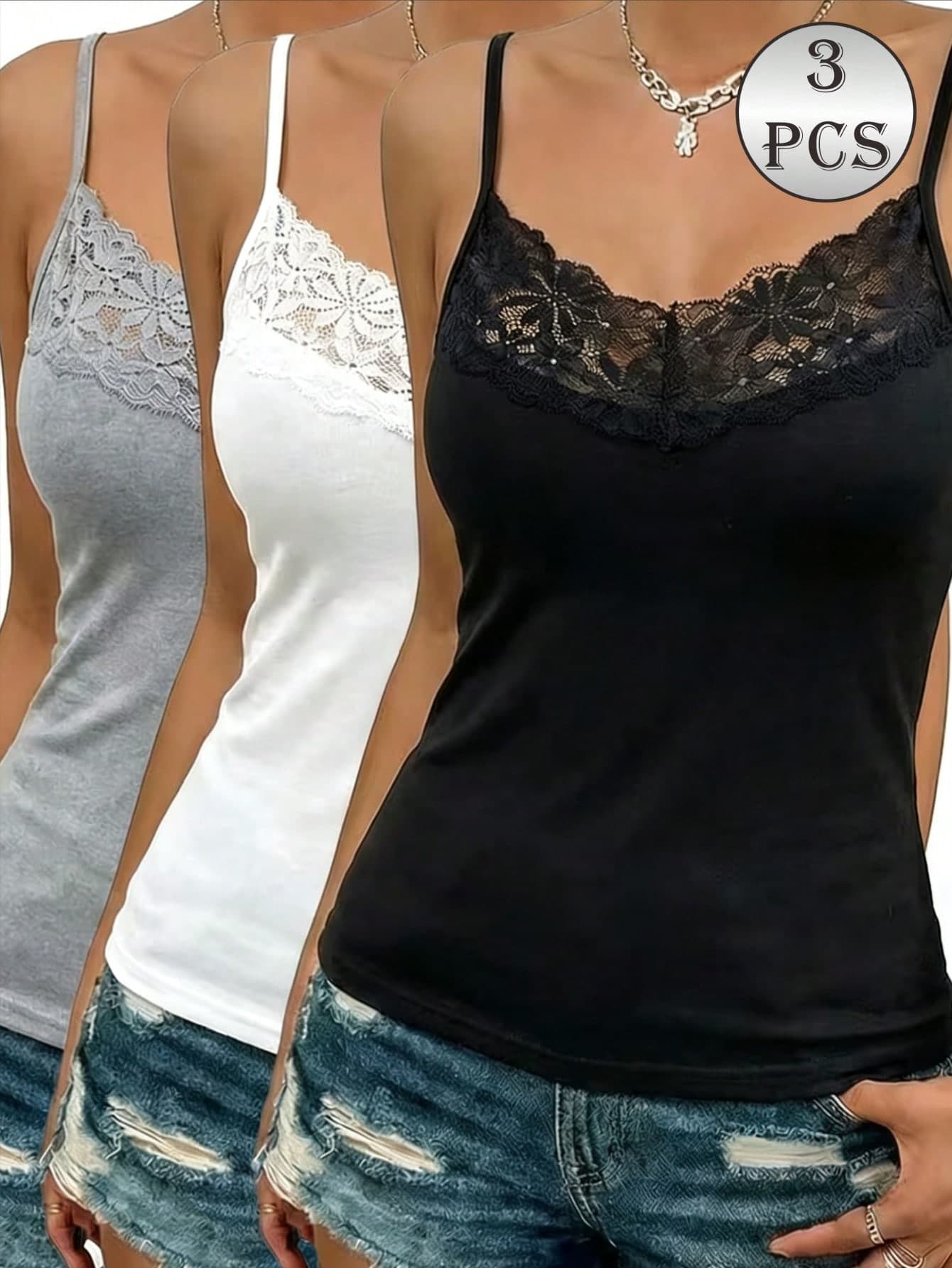 3pcs Women's Lace Patchwork Camisole Vest, Breathable Solid Color Sleeveless Tops, Fashionable Undershirt For All Seasons