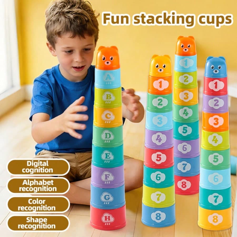 9-Color Random Baby Stacking Cups, 8pcs Numbered Letter Shape Nesting Cups, Montessori Early Learning Toys For 1-3 Years Old, Infant Bath & Beach Toys For 6 Months+