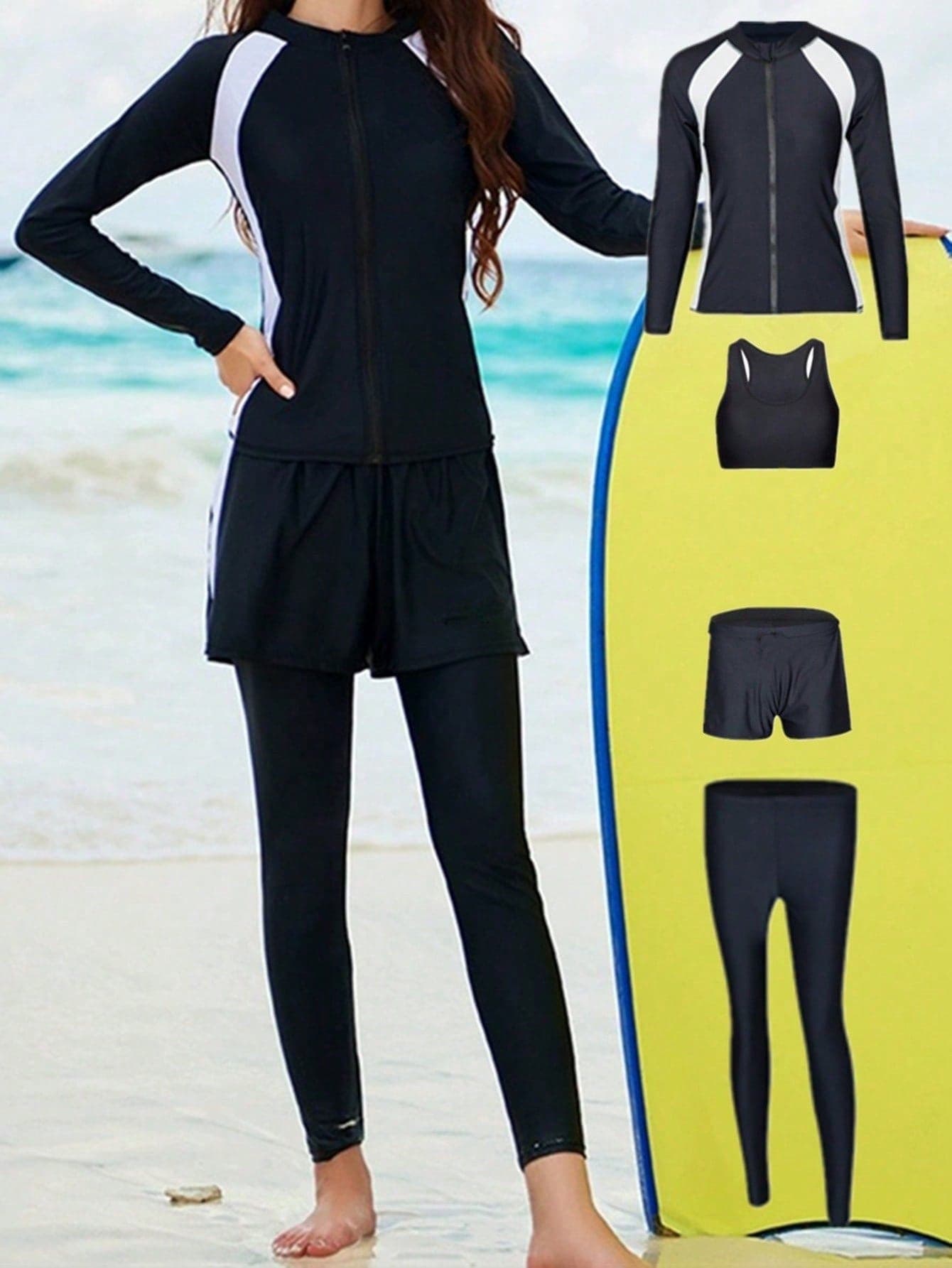 Black & White Minimalist Women's Zipper Long Sleeve Swimwear, Beach Surfing Base Layer Pants, Sports Bra, Sports Shorts, Women's Retro Conservative 4-Piece Swimsuit Set, Suitable For Cycling & Swimming