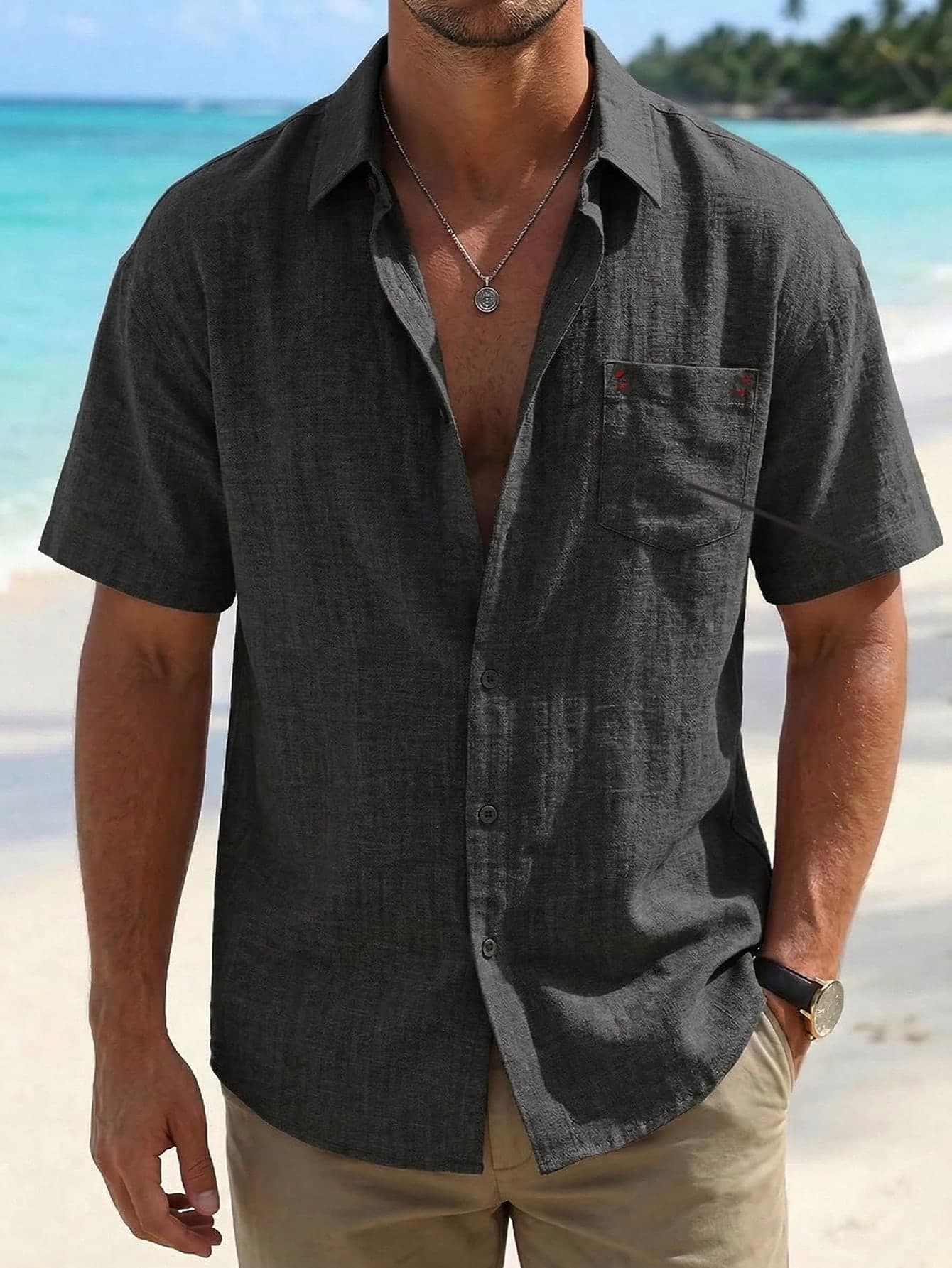 1pc Black Faux Linen Men's Classic Collar Short Sleeve Shirt, Lightweight Men's Shirt, Men's Top, Men's Vacation Short Sleeve Shirt, Chest Pocket Design, Casual Vacation Style, Machine Washable, Summer Beach Vacation, Beach Stroll, Seaside Outing Wear Men's T-Shirt, Size Runs Large, Can Order One Size Down
