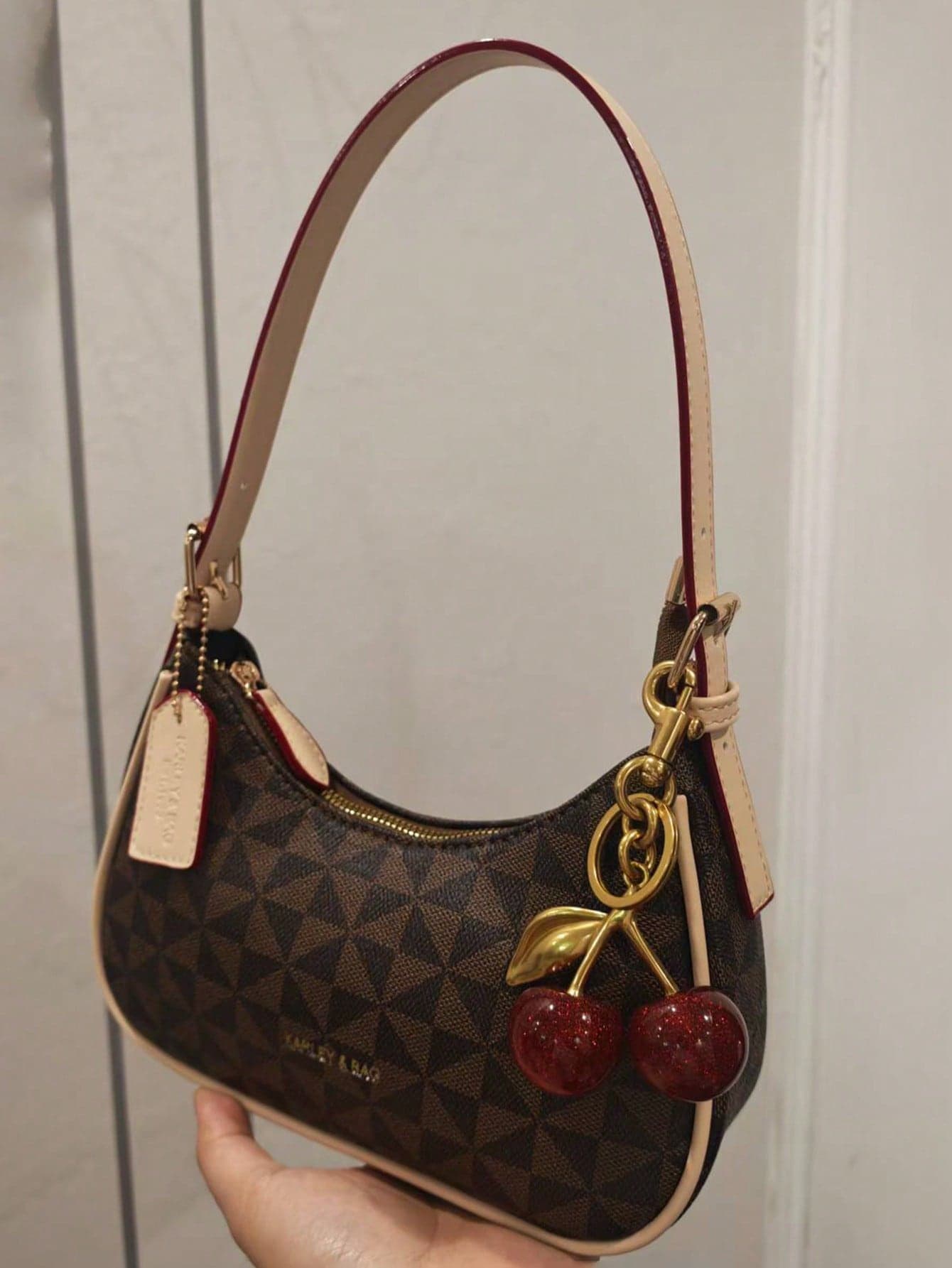 1pc Fashion Crescent Shoulder Bag, Y2K Underarm Bag, Cherry Pendant Decor, Leather-Feel Crossbody Bag, Essential For Stylish Outings