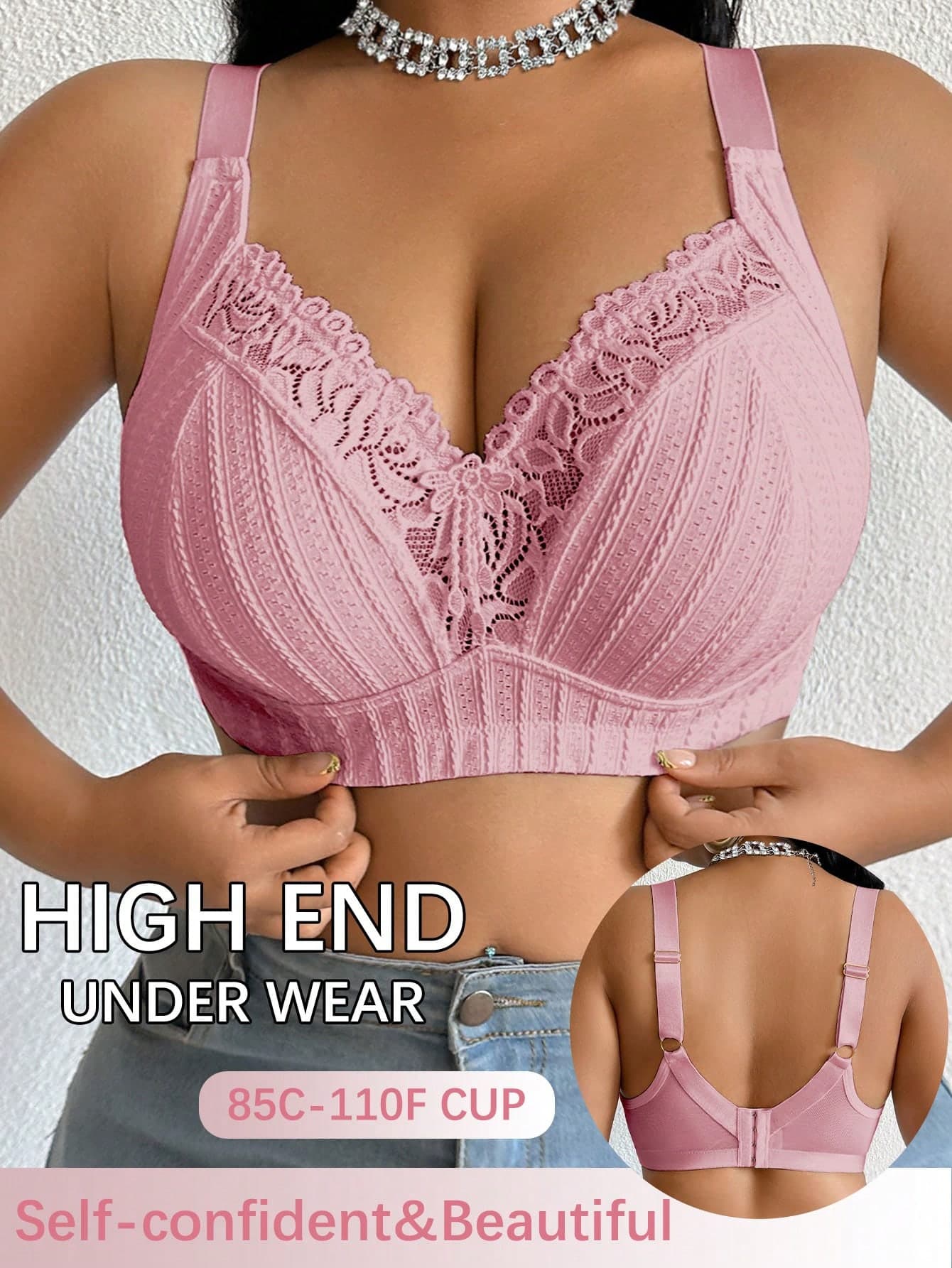 Plus Size Women Non-Wired Bra, Breathable Non-Slip Lace Patchwork Lift Up Adjustable Strap Seamless Everyday Wear
