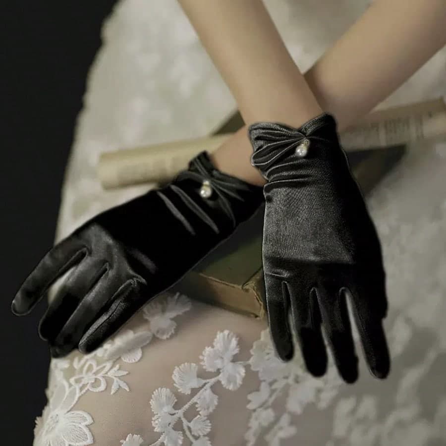 1 Pair Black Satin Beaded Gloves, Bridal Wedding Gown Gloves For Brides,Summer,Beach,Elegant,Party