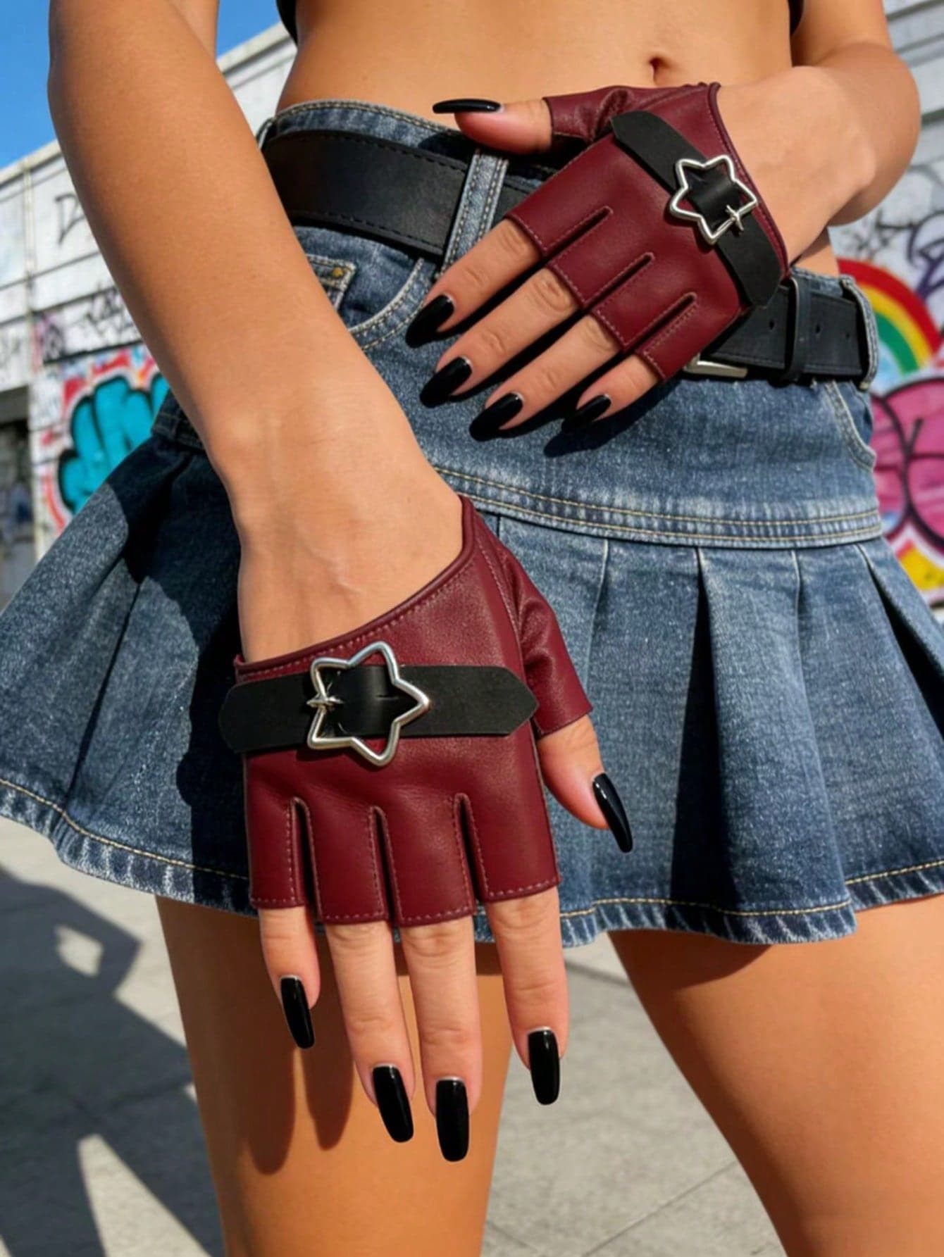 1 Pair Fashion Wine Red Star Buckle Fingerless Slanted PU Gloves,Travel,Festival