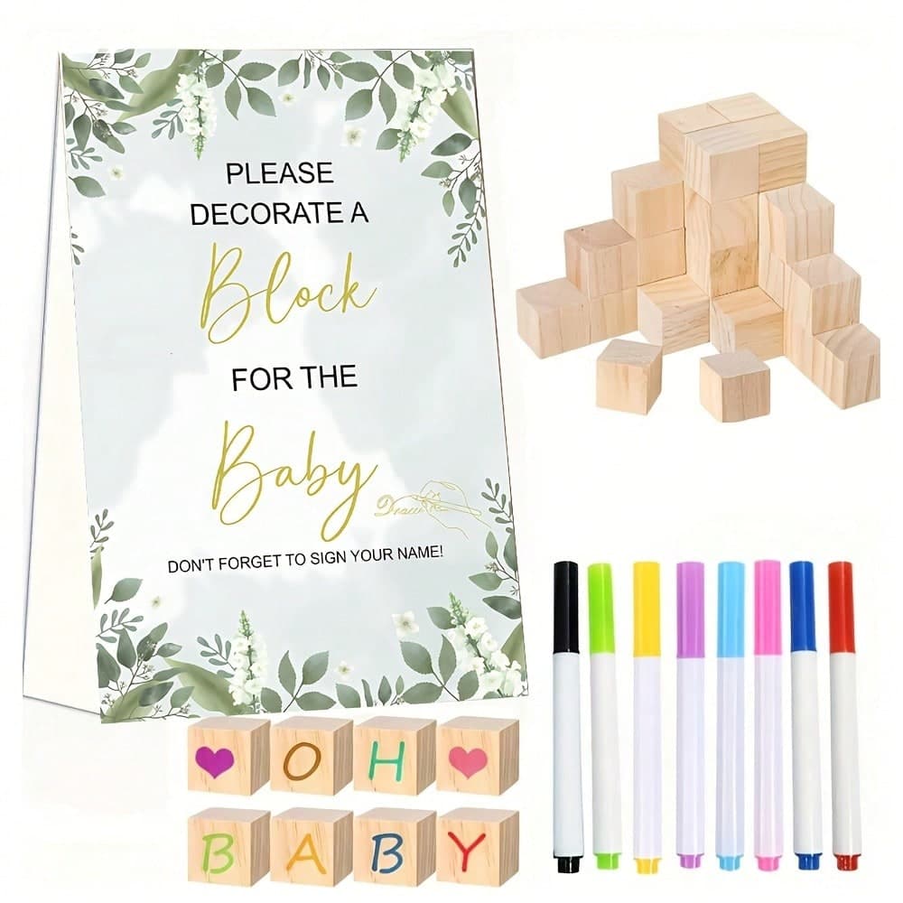 34/59pcs Baby Shower Decoration Building Block Game Set, Including Decoration Building Blocks Game Markers 25/50 Wooden Pieces, Suitable For Party Games