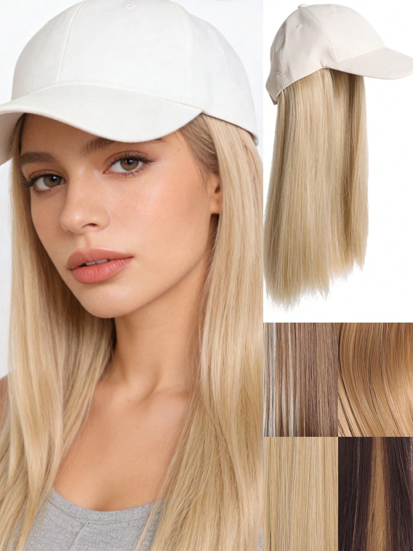 Baseball Cap Wig Synthetic Wigs With White Hat Long Straight Hair Wigs For Women Connect Hat One Piece Wig Hat Adjustable