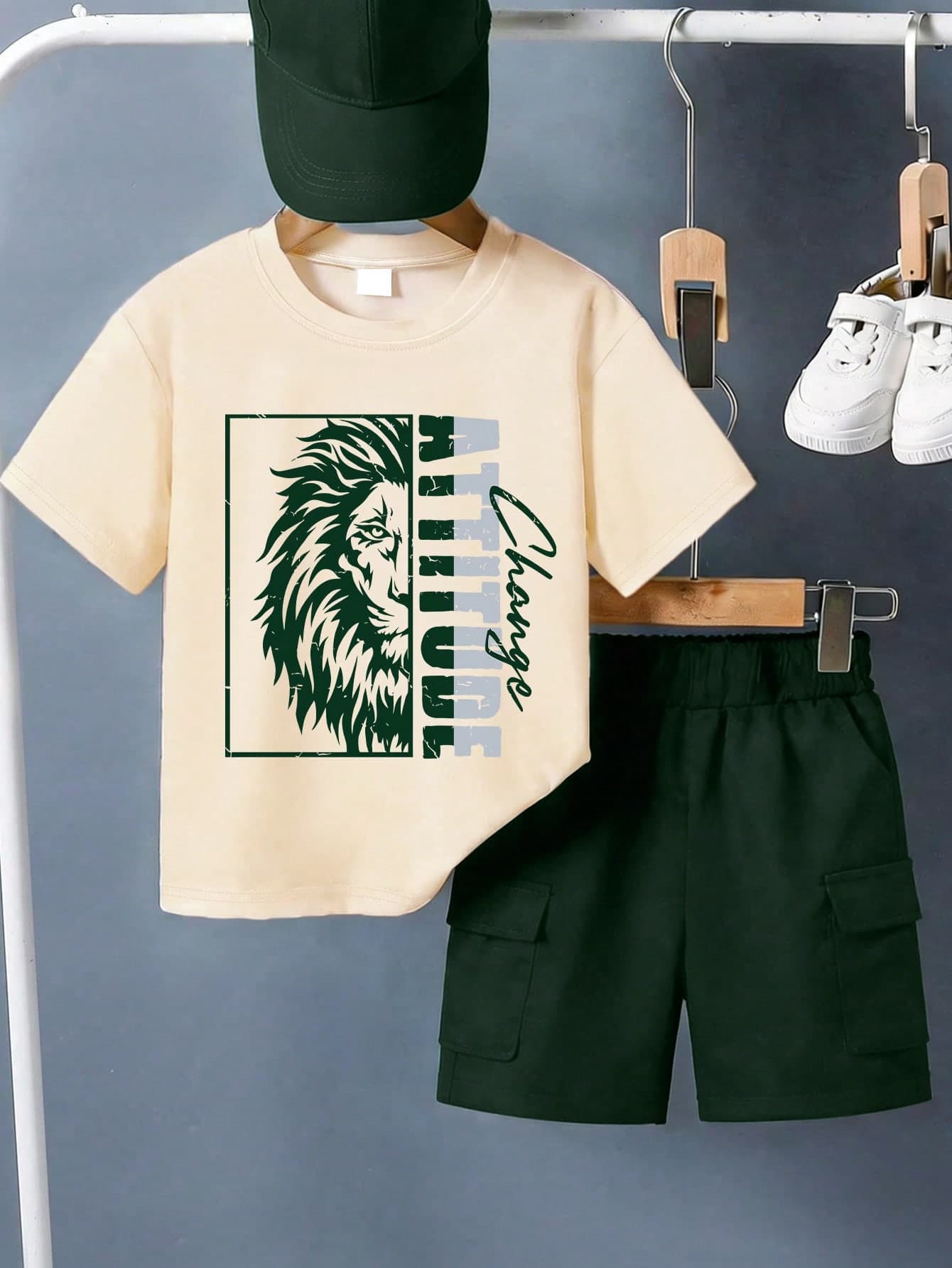 2pcs Boys' Summer Set: Short Sleeve T-Shirt And Shorts, Featuring Bold Lion Head And Fun English Letter Prints, New Comfortable Summer Outfit