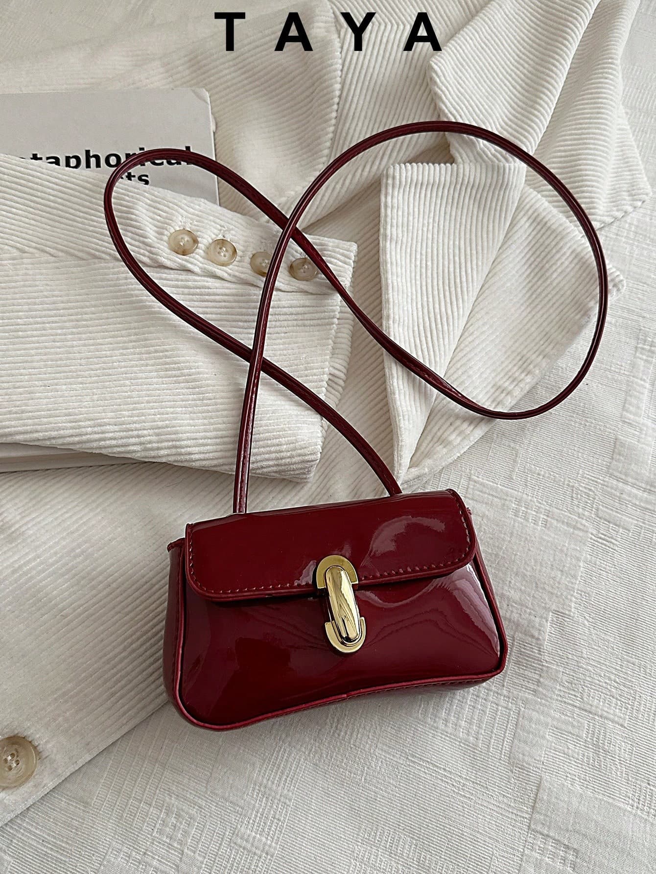 Women's Mini Shiny PU Crossbody Bag, Retro Curved Flap Design, Metal Lock Closure, Adjustable Strap, Fashionable For Daily And Party Wear