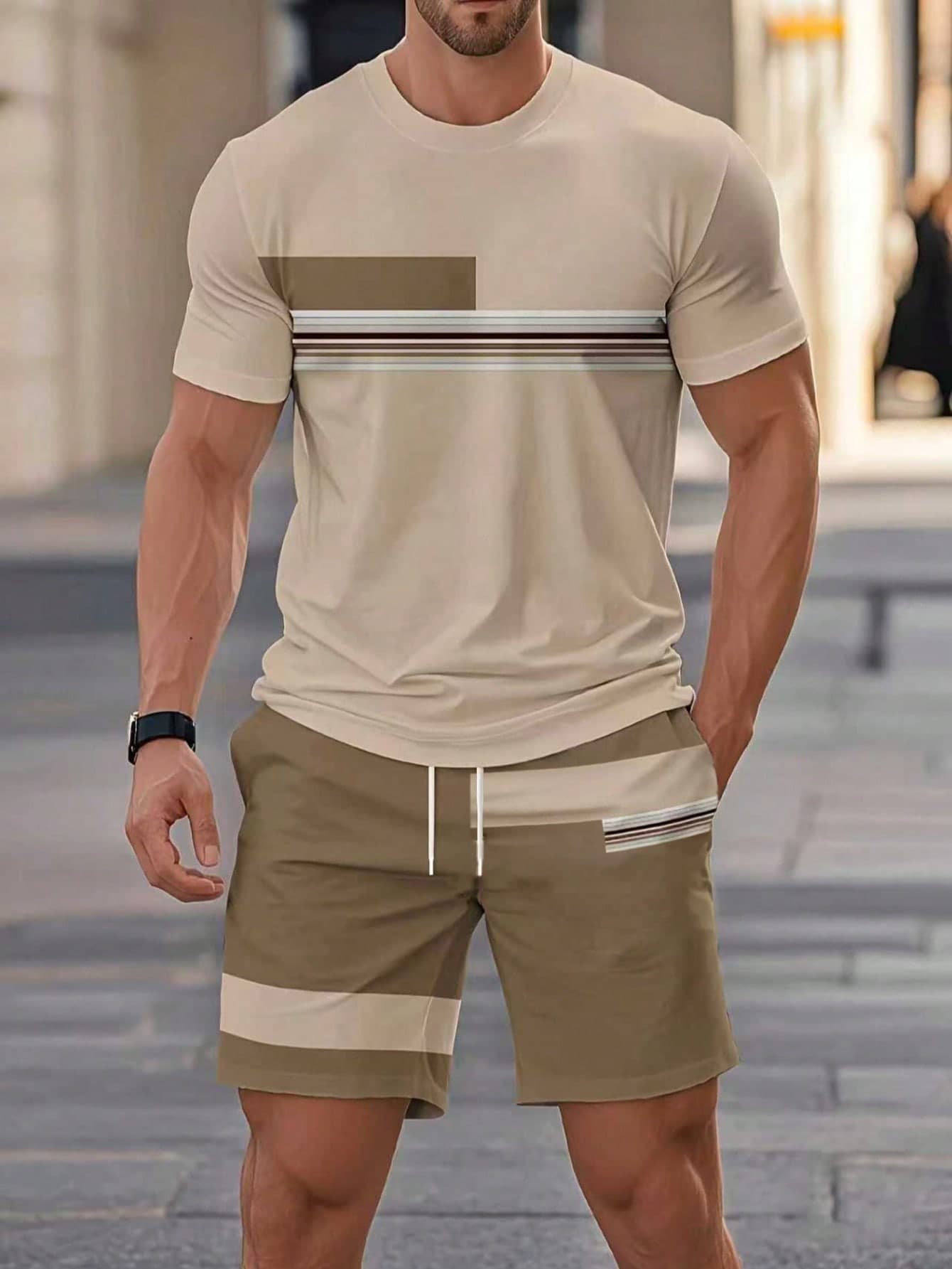 KOVSEE Men's 3D Striped Contrast Color Print Casual Short Sleeve Shorts Set, Outdoor Sports Beach Leisure Fashion Suit, Spring/Summer/Autumn