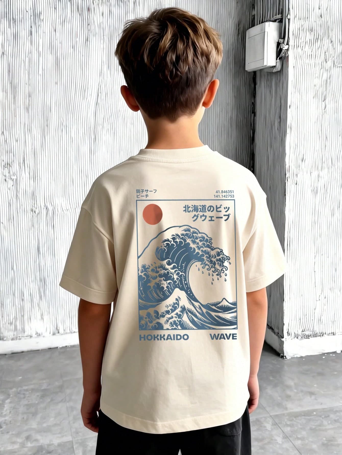 Boys' Cool Katsushika Hokusai "The Great Wave Off Kanagawa" Ukiyo-E Print Short Sleeve T-Shirt, Japanese Street Style Casual Top For Summer
