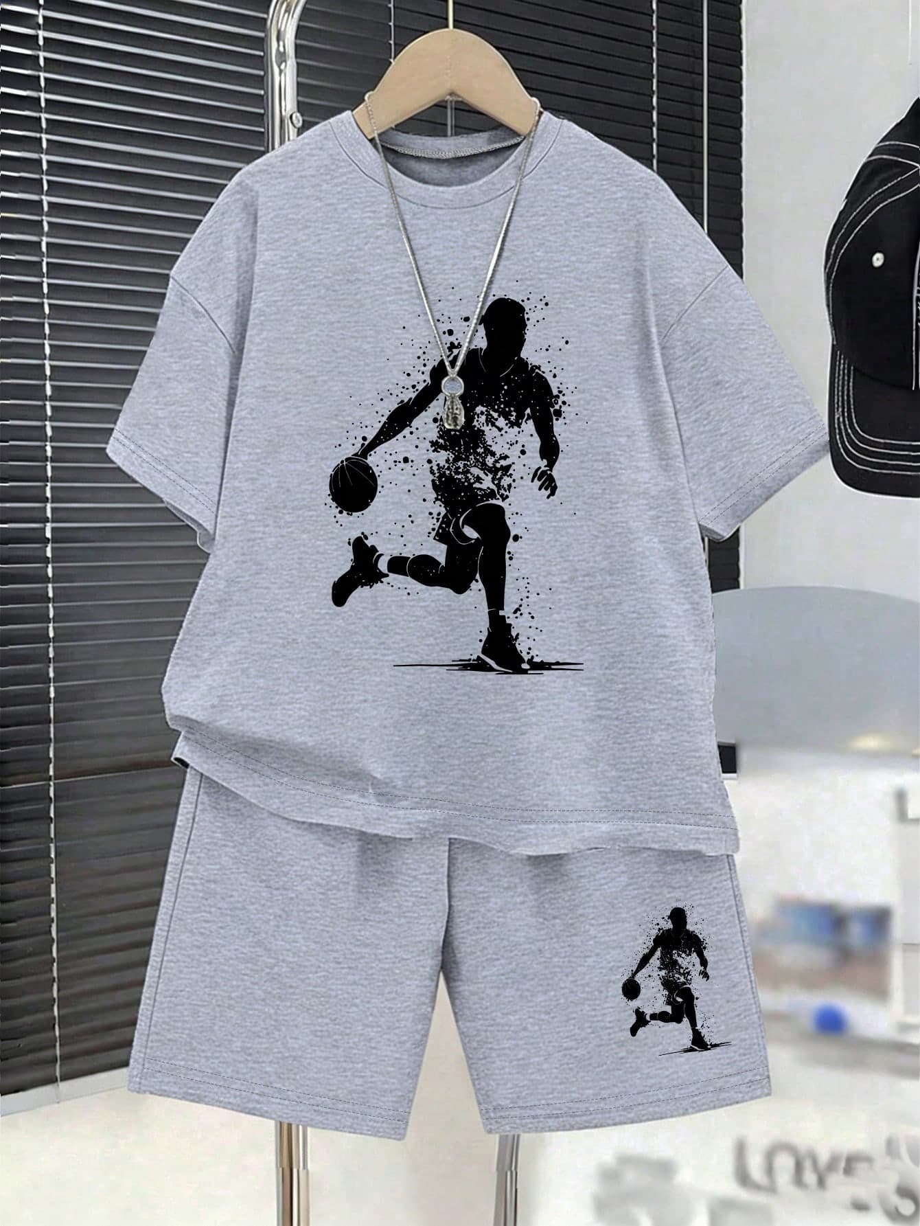2pcs/Set Boy's Graphic Print Round Neck Short Sleeve T-Shirt And Shorts Casual Outfit