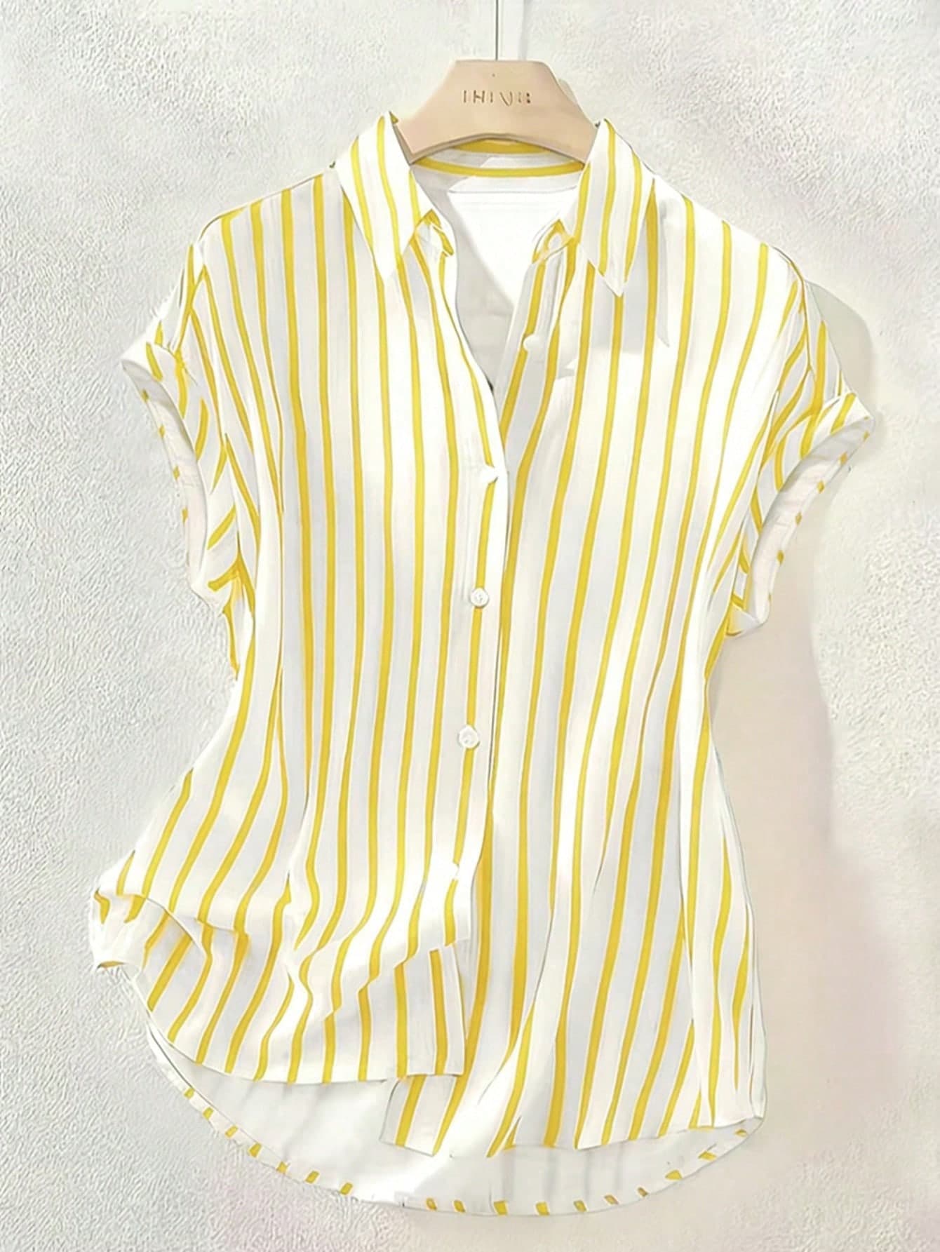 Summer Fashion Striped Single-Breasted Drop Shoulder Short Sleeve Shirt, Polyester Contrast Color Front Button Closure, Short Front Long Back Design