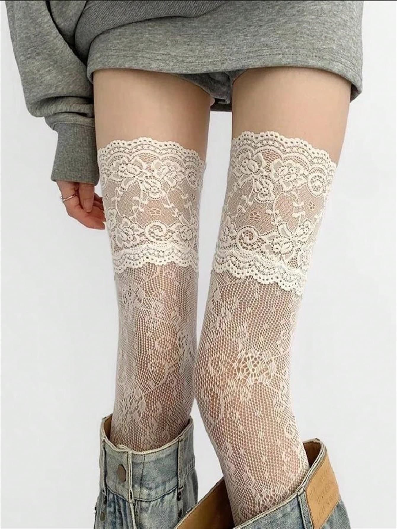 New Women's Solid Color Lace Thigh High Socks, Ladies Over-The-Knee Long Stockings, Lolita Style Knee High Boots Socks