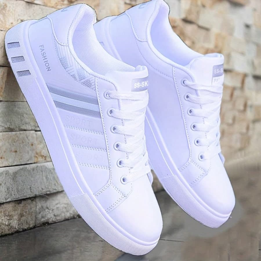 OBOVAY Men's White Sneakers With Minimalist Striped Details, Comfortable Casual Trainers