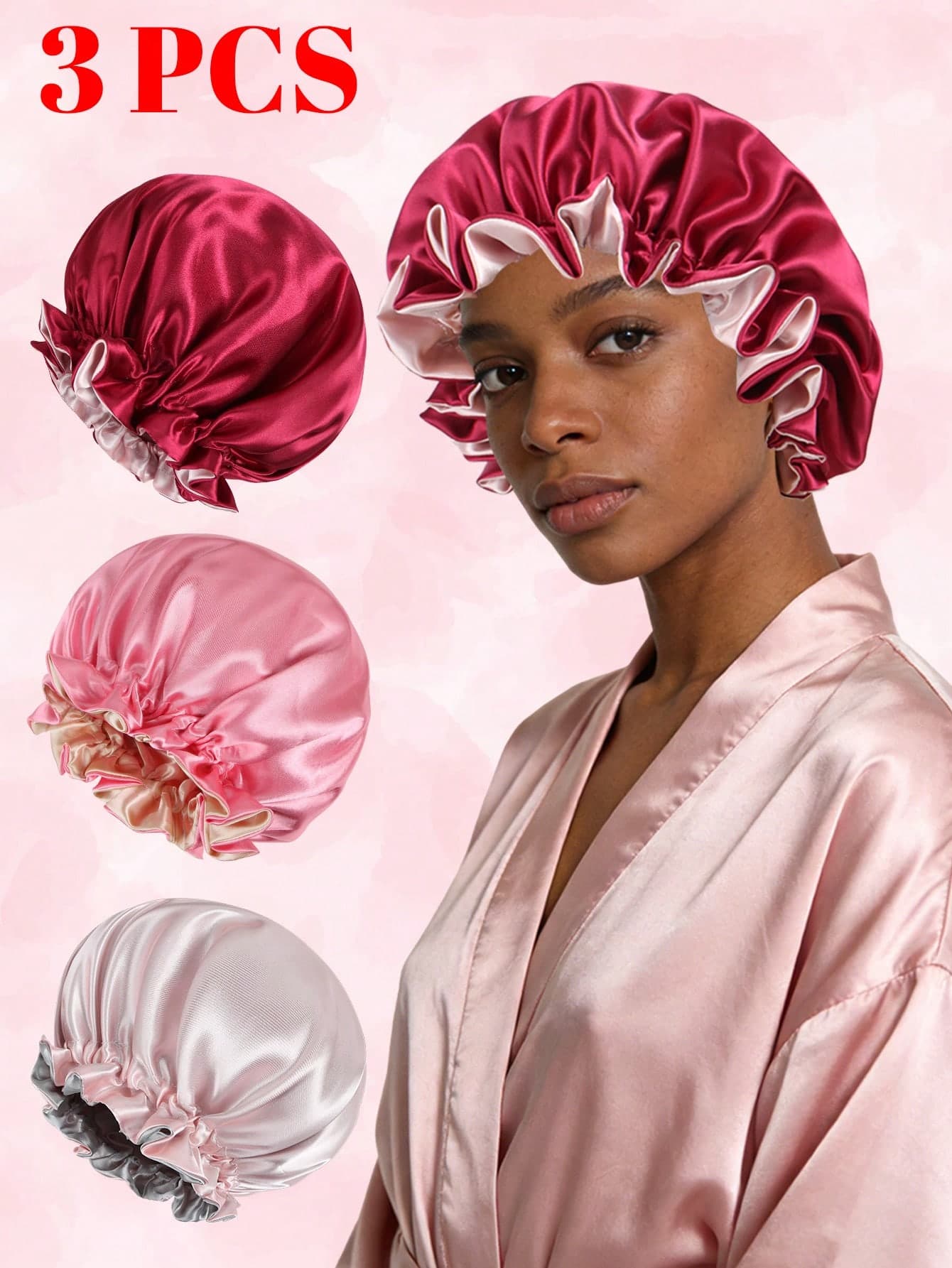 3pcs Lace Trim Satin Double-Layer Contrast Color Shower Cap, Hair Wrap Headband, Suitable For Long & Short Hair,Beach,Travel