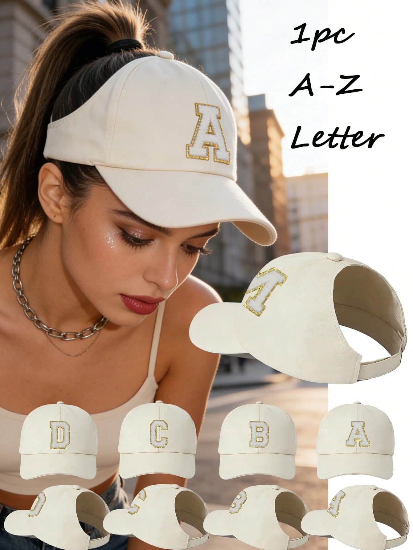 1pc Women's Customized A-Z Letter Ponytail Baseball Cap, Casual Messy Bun Ponytail Hat, Lightweight Peaked Cap, Sun Hat, Fashionable Peaked Sun Hat, Suitable For Outdoor Sports And Casual Daily Wear