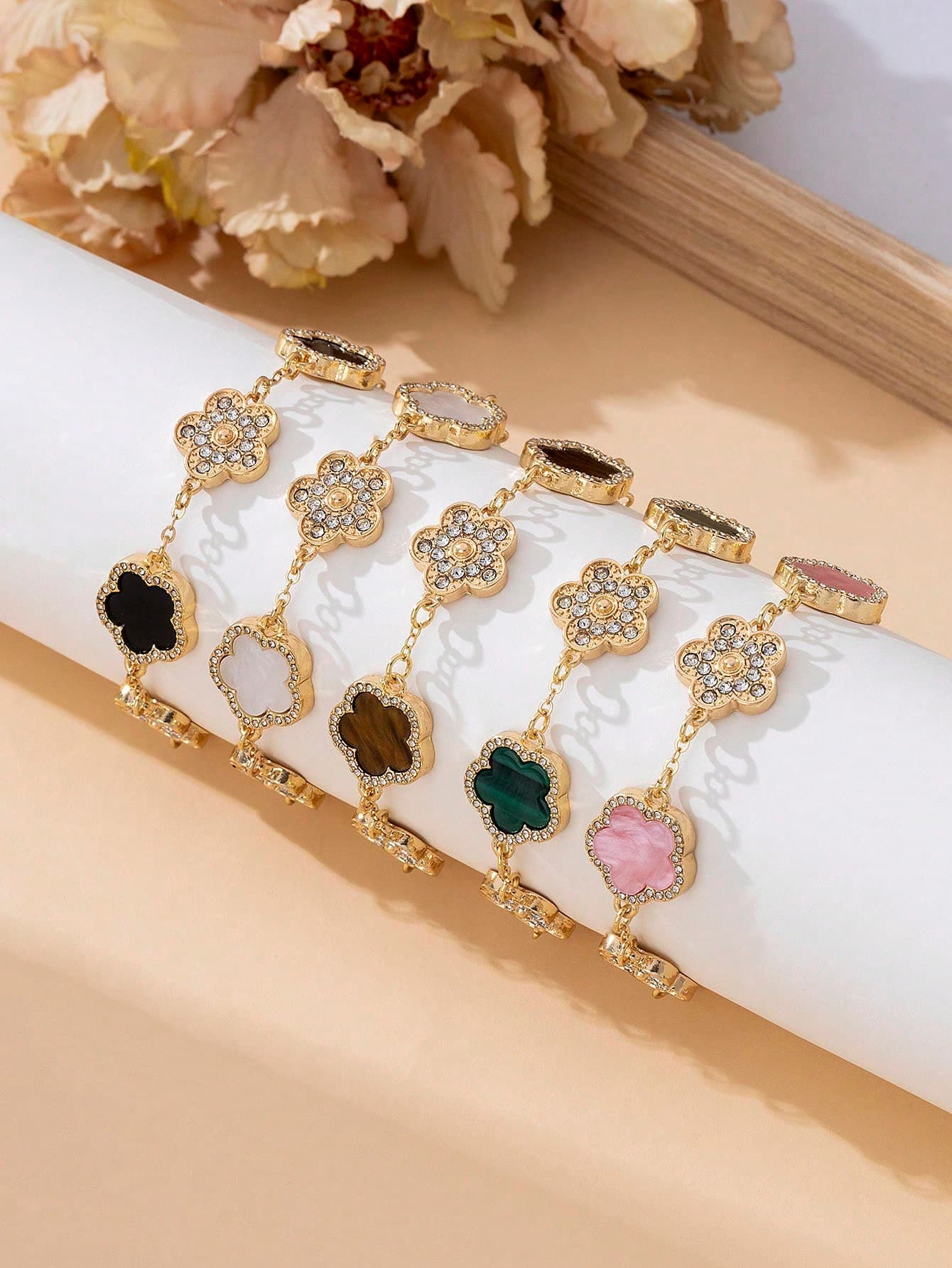 5pcs Luxurious Sparkling Multi-Color Clover Charm Bracelets Set, Elegant & Sweet Women Bracelet Set For Stacking/Mixing Match