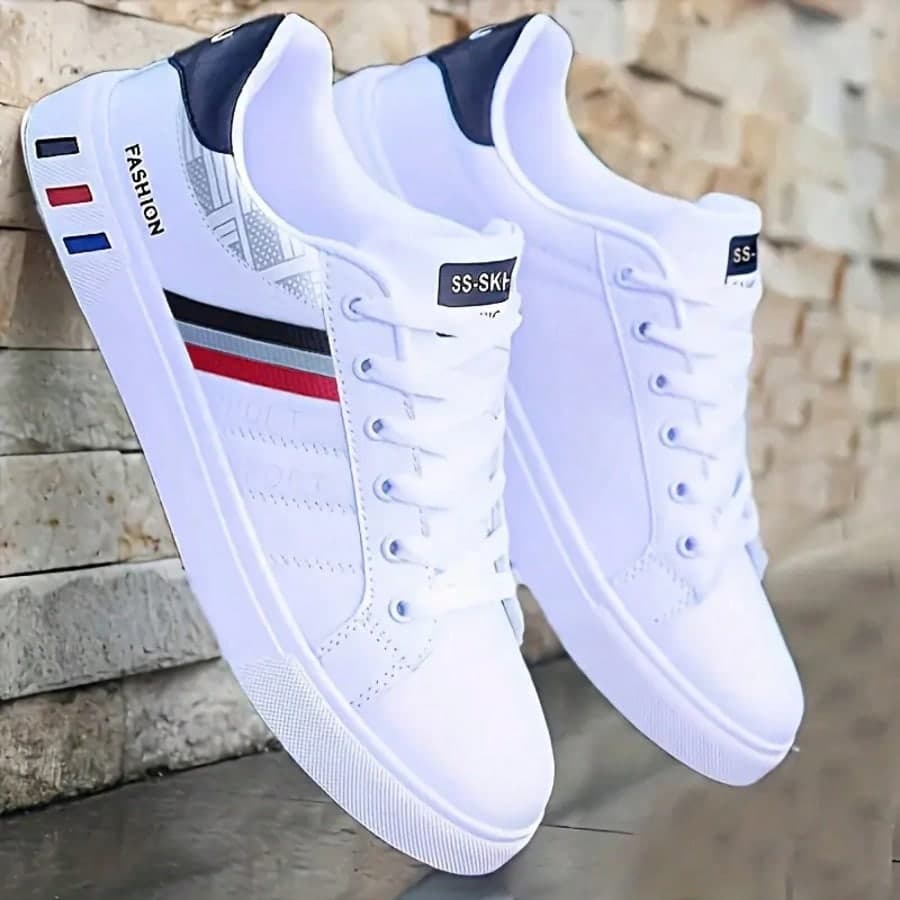 OBOVAY Men's Casual White Skateboard Shoes, Fashion Colorful Striped Lace-Up Sneakers