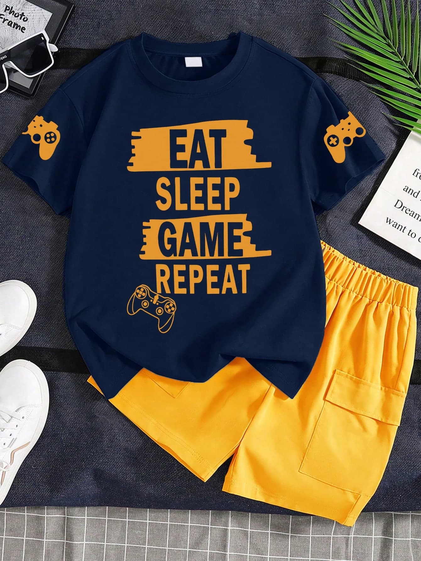 2pcs/Set Boys' Summer Outfit, Round Neck Short Sleeve T-Shirt And Shorts, Funny English Letter Print, New Comfortable Summer Set