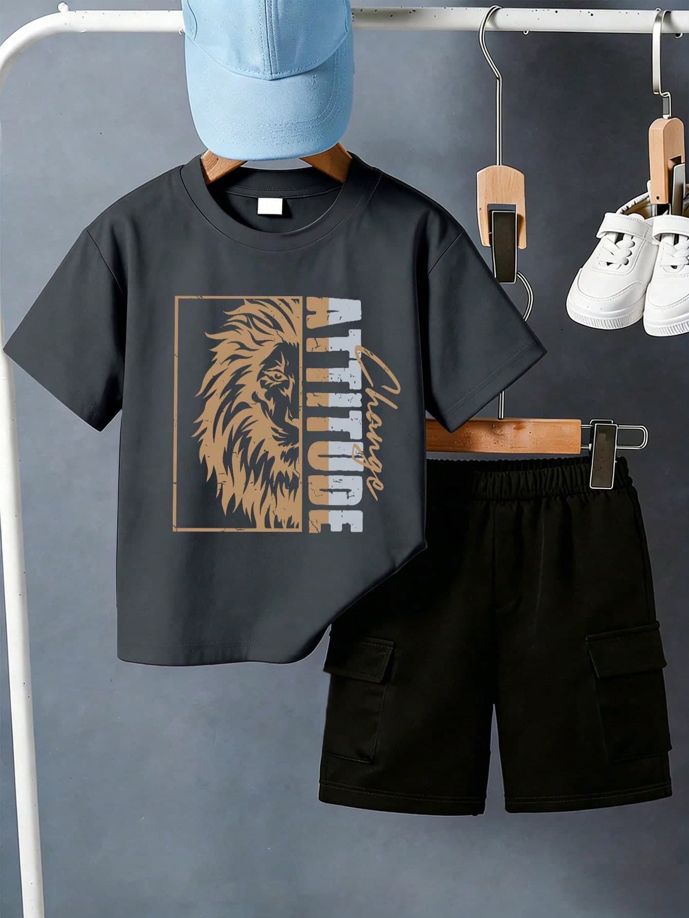 Teenage Boys' Minimalist Lion Letter Print Round Neck Short Sleeve T-Shirt + Khaki Casual Pants Summer New Outfit