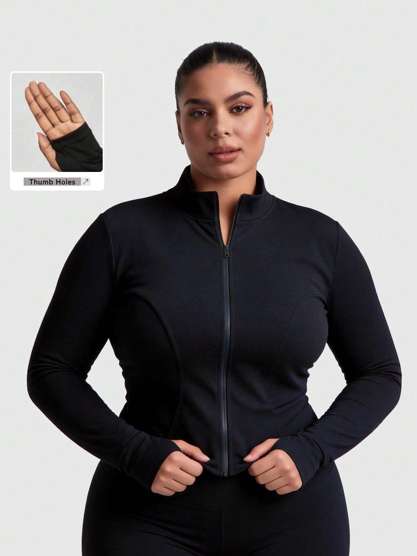 Plus Size Slim Fit Sporty Jacket, Black, Thumb Hole, Super Breathable, Full Zip Stand Collar, Slim Flattering Fit, Free Movement, Suitable For Gym, Running, Casual Wear Sports