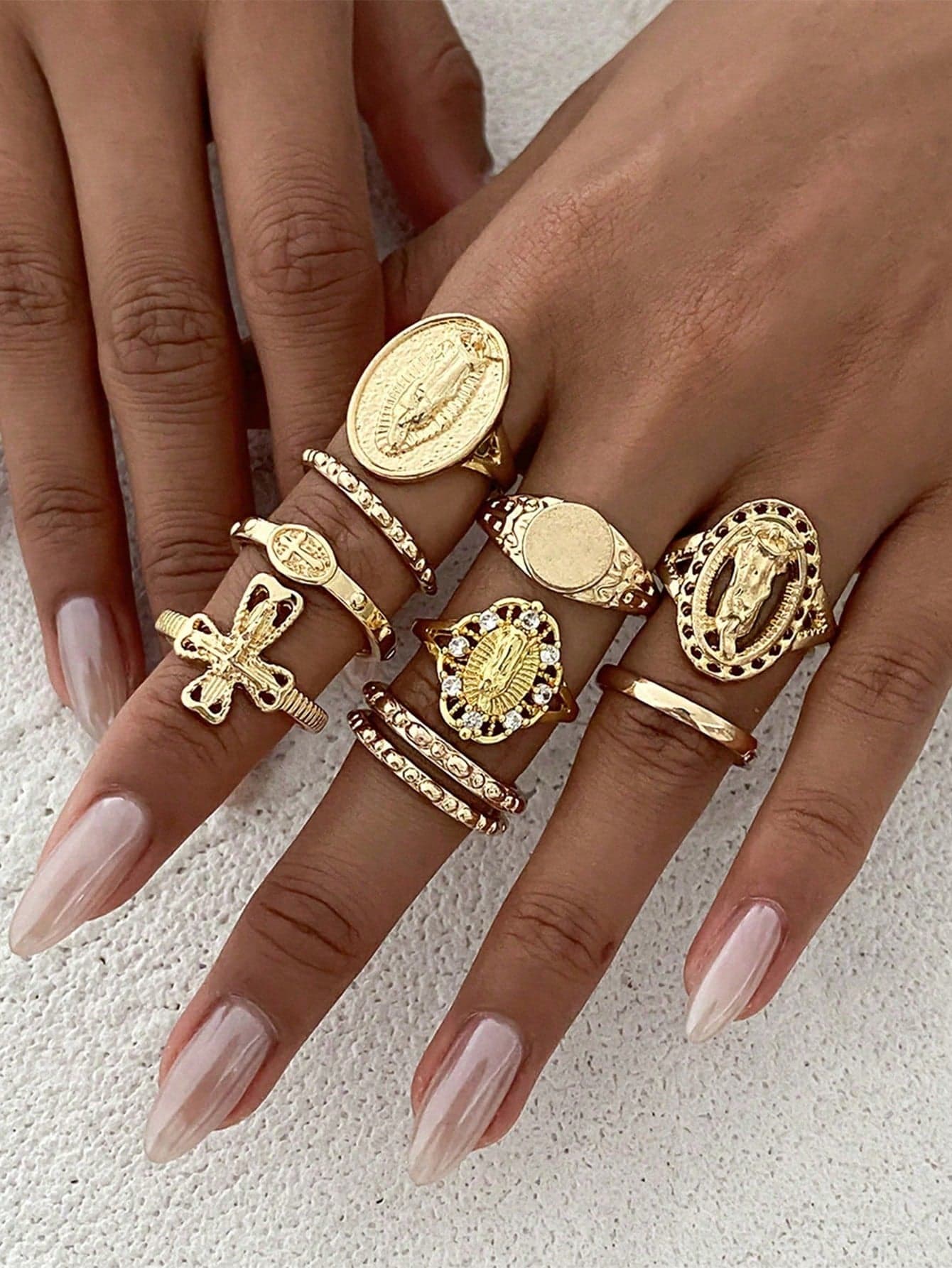 10pcs Fashionable Punk Ins-Style Cross & Virgin Mary Rhinestone Decorated Open Ring Set, Suitable For Daily Wear, Gathering, Party, Street Photography (Ring Diameter: 1.7cm And 1.9cm, Sizes Vary, Some Can Only Be Worn On Finger Joints)