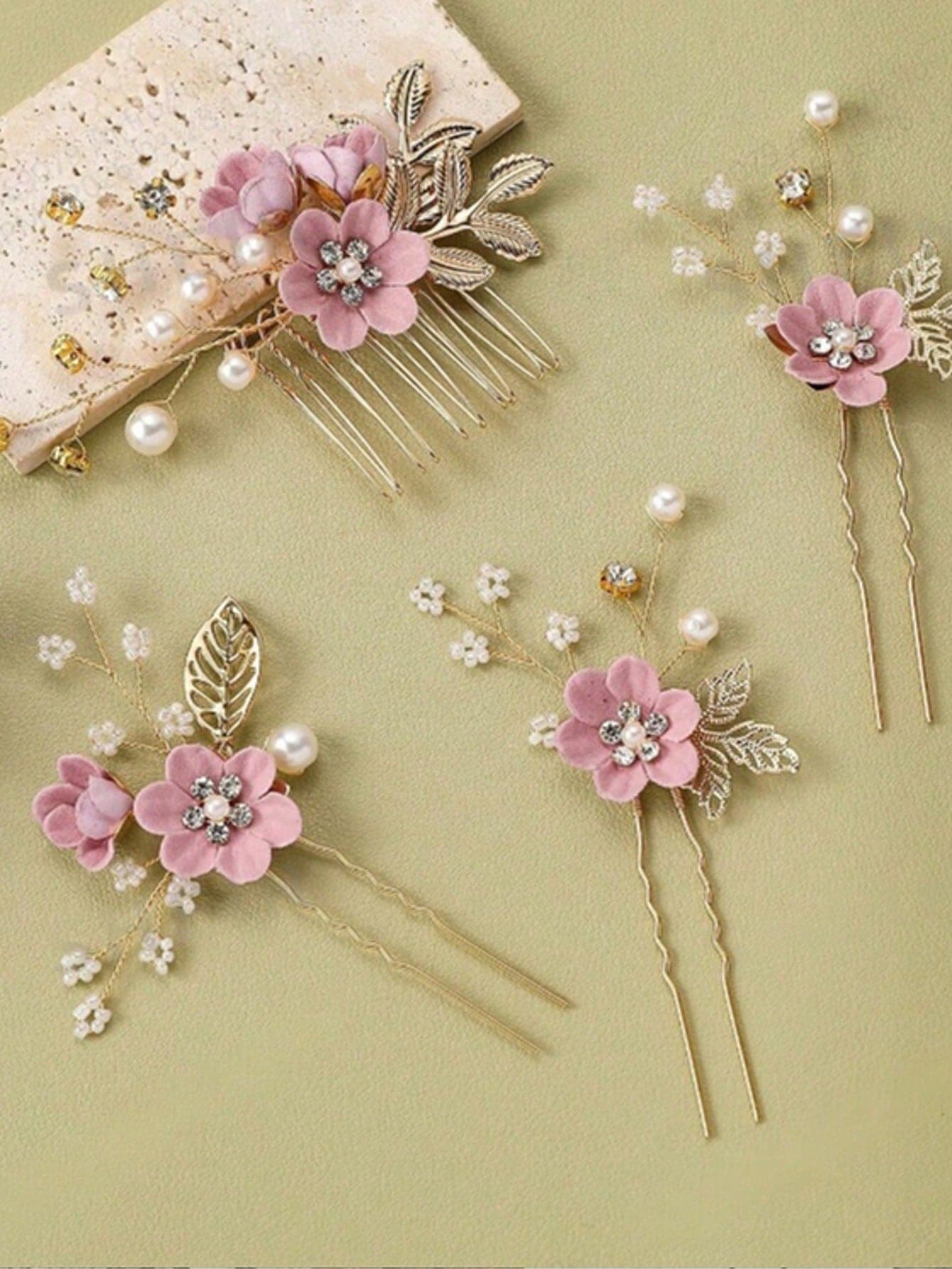 4pcs/Set Women's Hair Accessories, Gold Alloy Leaf Hair Comb, Fabric Flower Hair Clip, White Faux Pearl & Rhinestone Hair Pin, Bridal Wedding Decorations,Summer,Beach