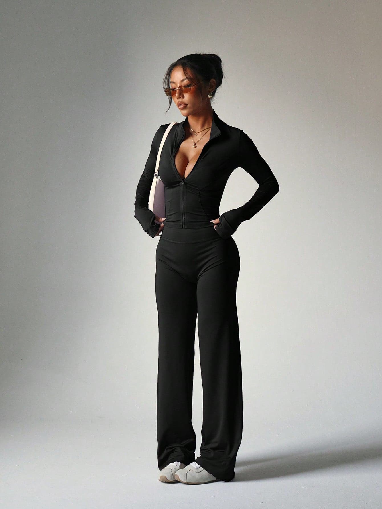 2pcs/Set Purple Zipper Fitted Long Sleeve Top + Loose Wide Leg Pants Yoga Outfit Sports