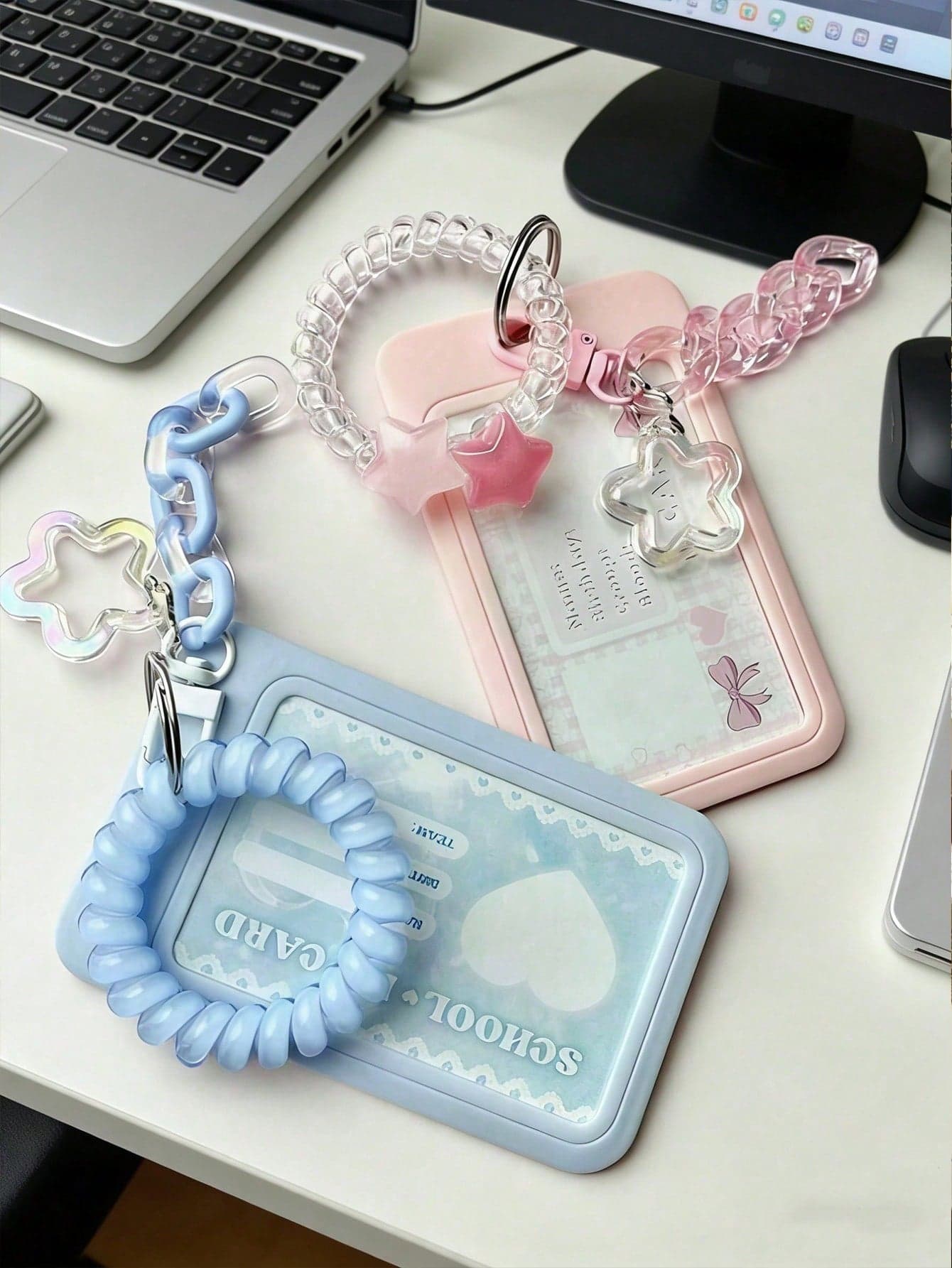 Transparent Pink Star-Shaped Pendant Keychain Card Holder/Photo Holder, Clear ID Card Holder Macaron Color Acrylic Decorative Chain Keychain DIY Pendant Jelly Color High Elasticity Telephone Wire Hair Scrunchies With Removable And Easy-To-Clean Sliding Cover, Keychain