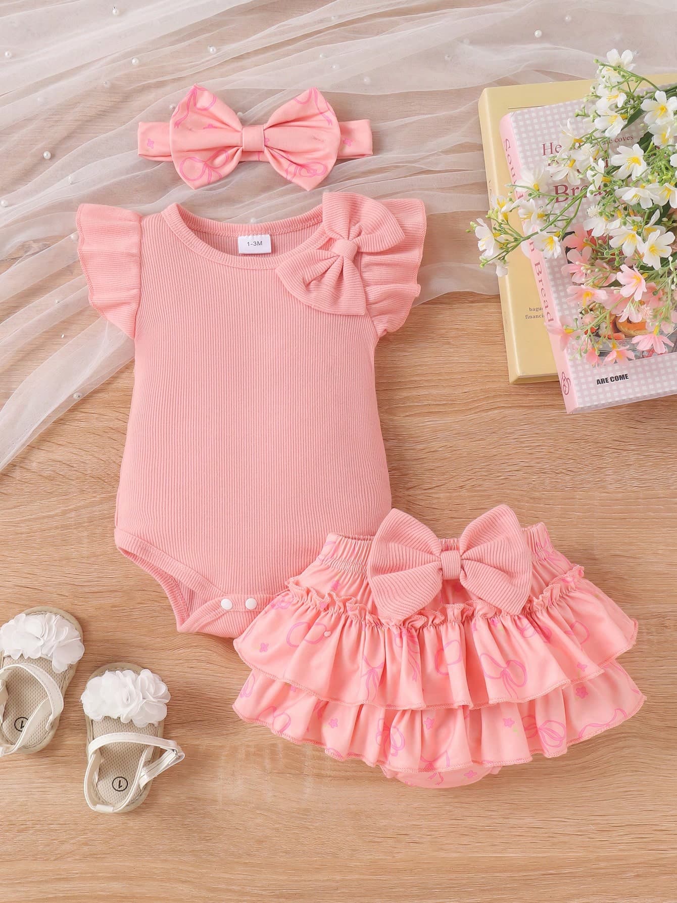 2pcs Baby Girl Cute Pink Flutter Sleeve Bodysuit With Printed Shorts And Headband Set, Thin Summer