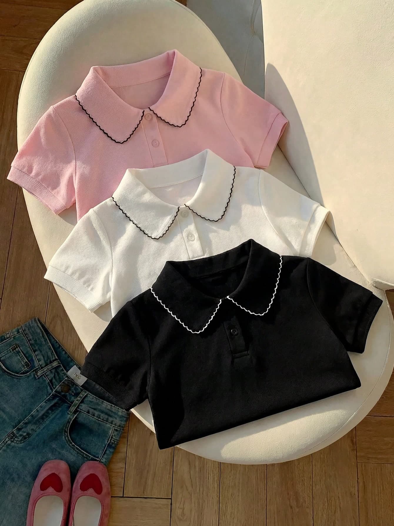 3pcs/Set Girls Toddler Summer Short Sleeve Polo Shirt, Ruffled Collar Top, Preppy Style