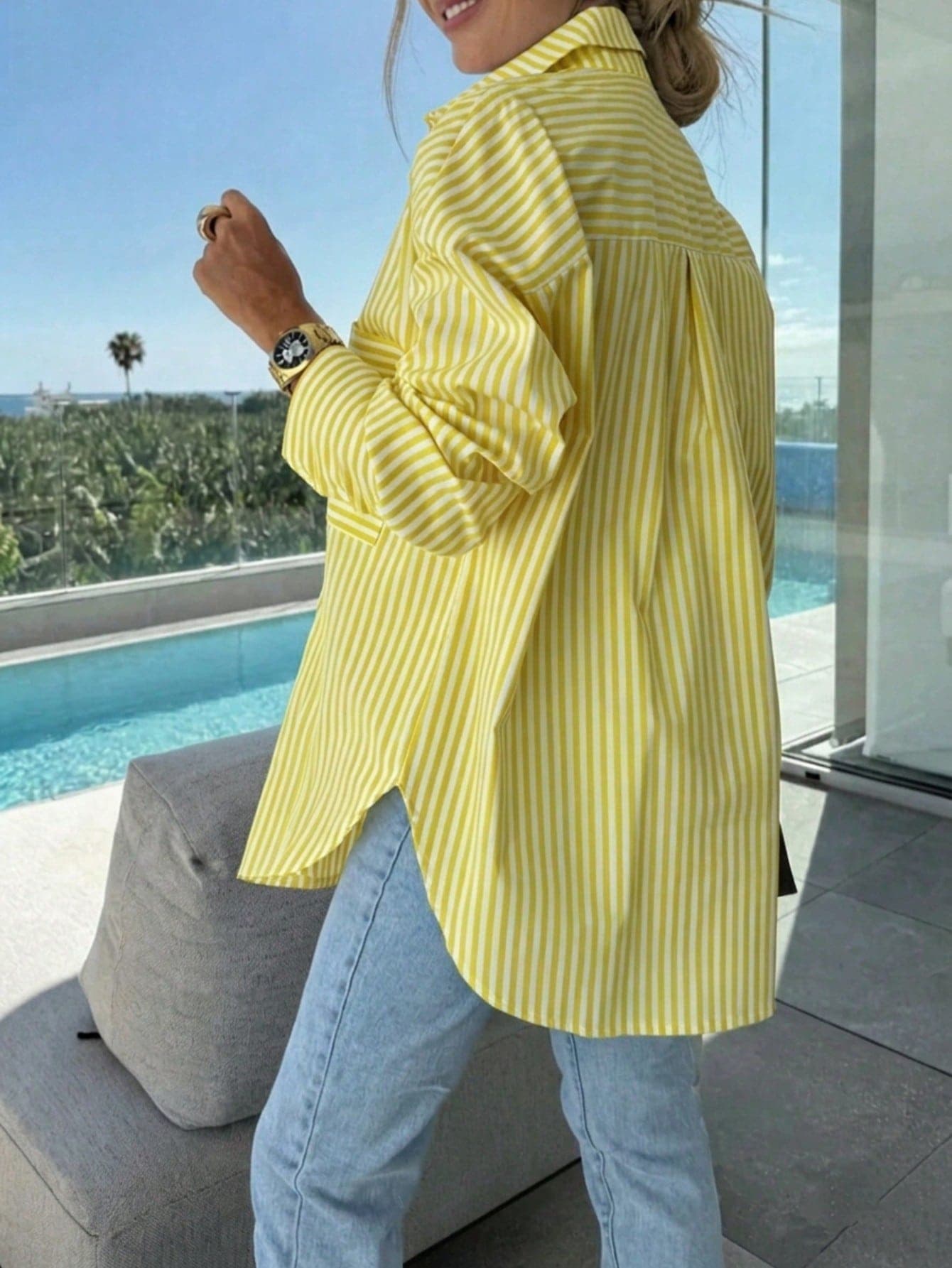 Plus Size Women's Batwing Sleeve Striped Shirt, Casual Loose Fit For Spring/Summer, Suitable For Commuting And Daily Wear Yellow