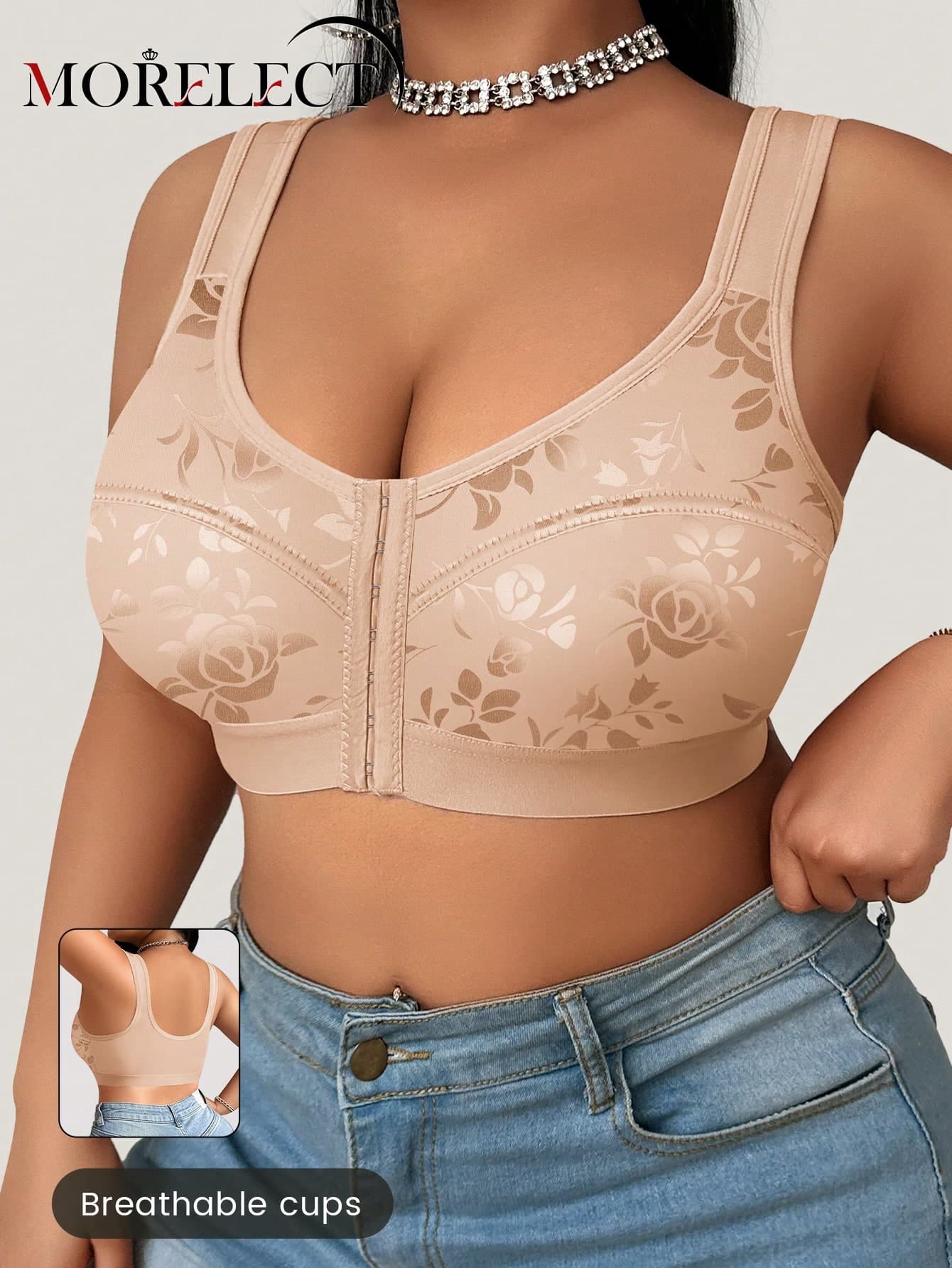 Morelect Plus Size Women Front Closure Floral Print Wireless Bra, Supportive & Comfortable For Everyday Wear