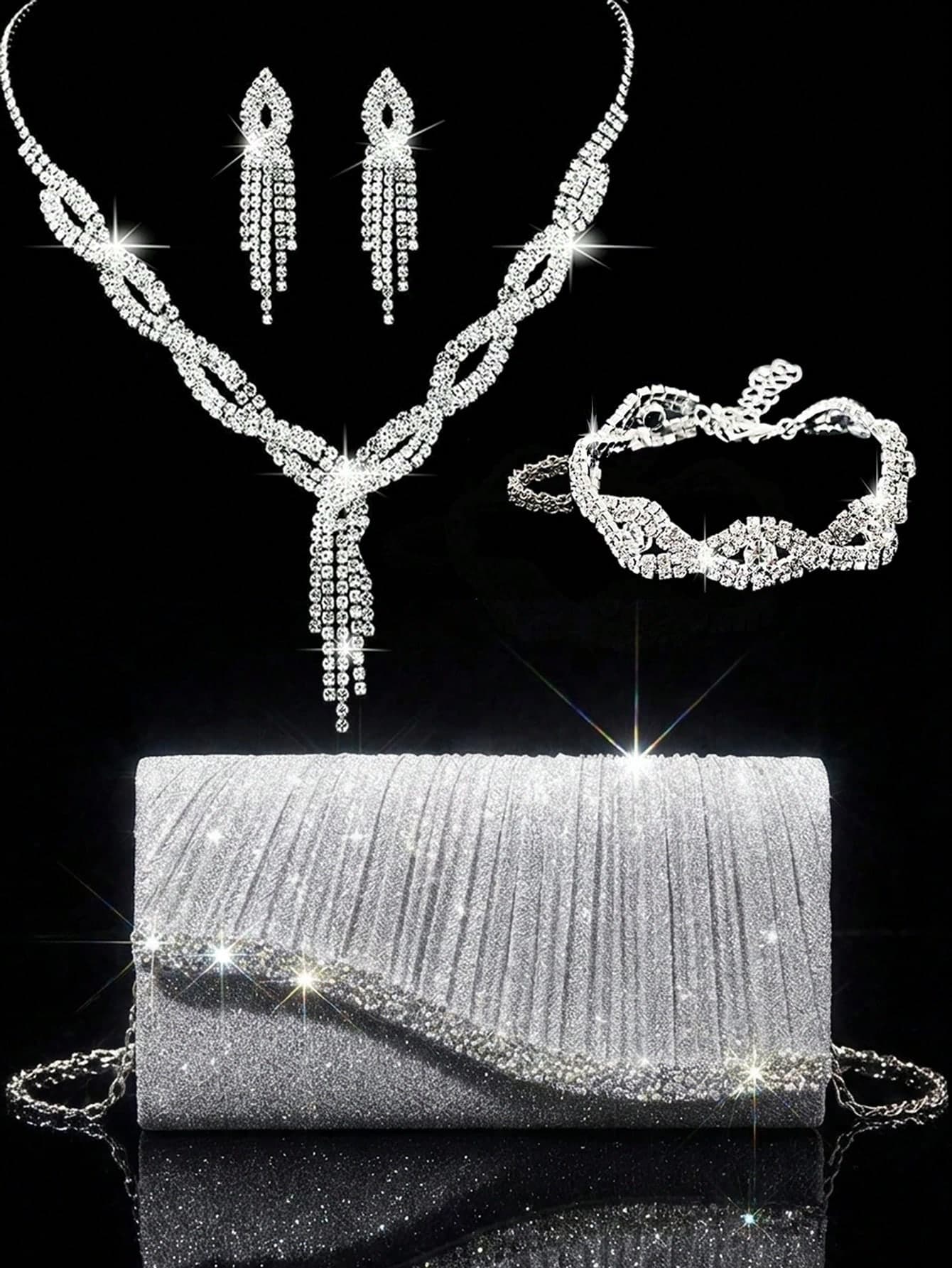 Sparkling Women's Clutch Bag, New Rhinestone Evening Bag, Ladies Party Purse, Luxury Envelope Bag, Bridal Wedding Bag, Comes With 3 PiecesSparkling Rhinestone Jewelry Set - Necklace, Earrings, Bracelet, Suitable For Party, Gala, Celebration, Wedding