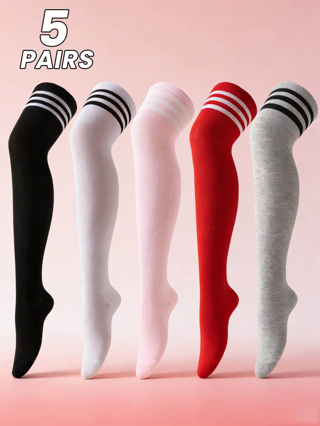 5 Pairs Women's Spring/Autumn Moisture-Wicking Breathable Solid Color Triple Stripe Over-The-Knee Socks, Suitable For Cute Students, Fashion Matching, Social Gatherings, Holiday Outfits, Minimalist Styles, Thigh-High Socks