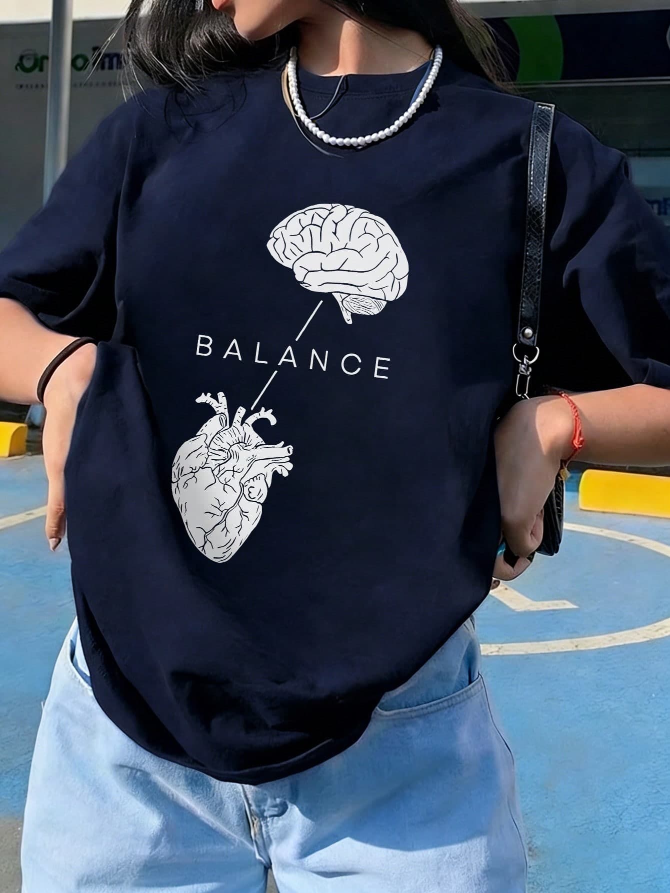 Loose Fit Round Neck Short Sleeve T-Shirt, Minimalist Brain And Soul Balance Graphic Design, American Vintage Minimalist Style Summer Casual